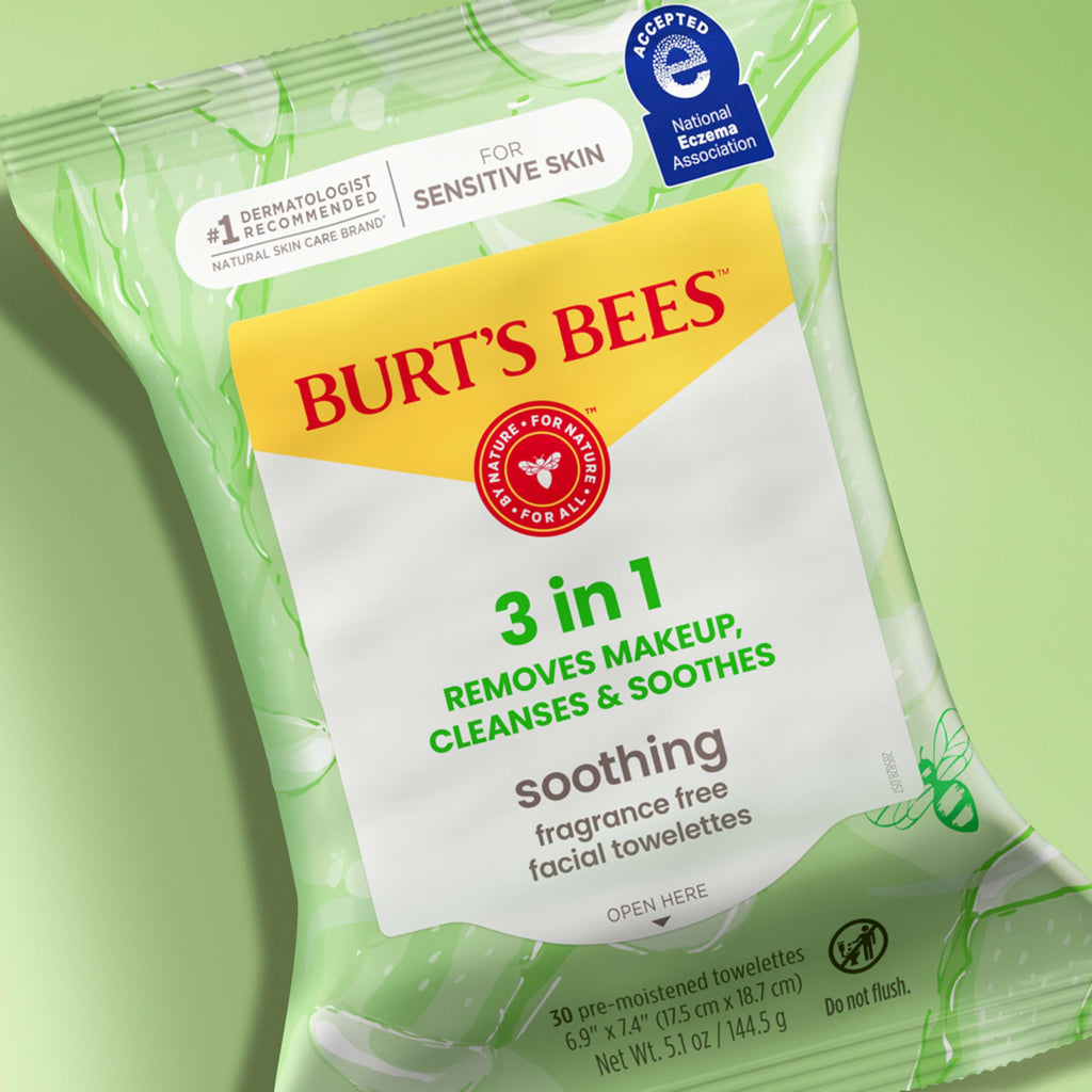 Burt's Bees Soothing Fragrance Free Facial Towelettes, 30 ct., | Plant Based Cloths, 99 Percent Natural Origin, Removes Make Up, Perfect for Sensitive Skin, All Skin Types