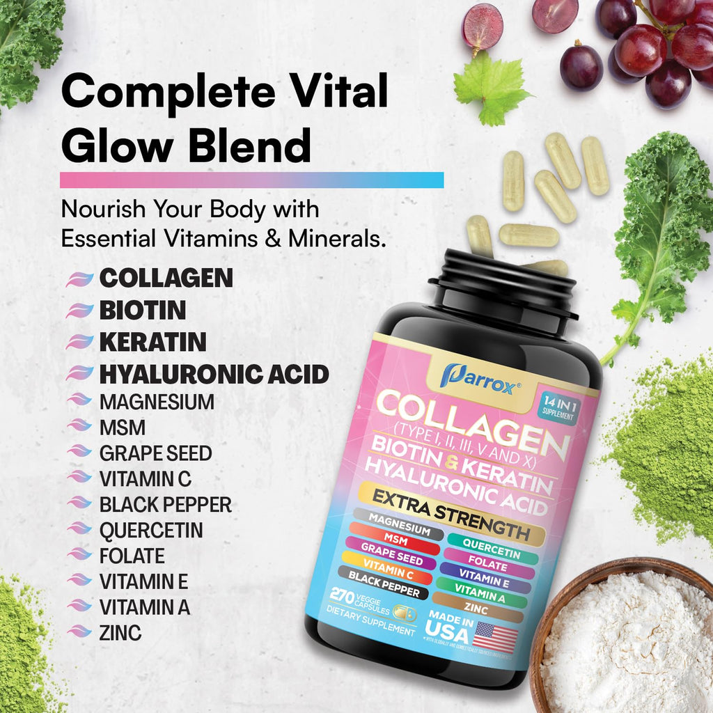Collagen Peptides Types I, II, III, V & X, Biotin & Keratin, 270 Capsules | With Biotin, Keratin, Hyaluronic Acid, MSM, Zinc, Quercetin, Vitamins A, C, E, Magnesium & Folic Acida