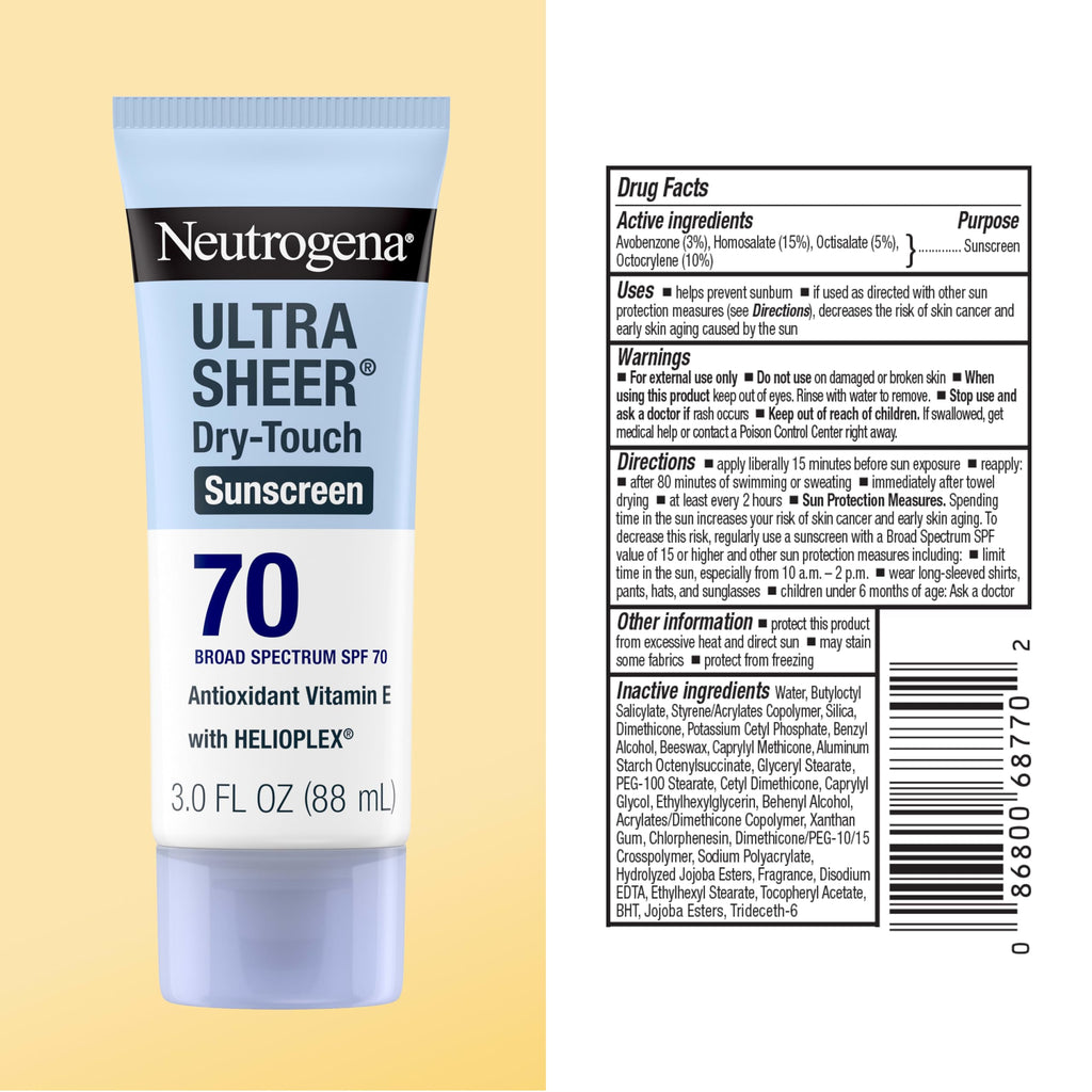 Neutrogena Ultra Sheer Dry Touch Sunscreen Lotion, SPF 70, 3 fl. oz | Broad Spectrum for UVA/UVB Protection, Lightweight, Water-Resistant up to 80 Minutes, Oxybenzone-Free
