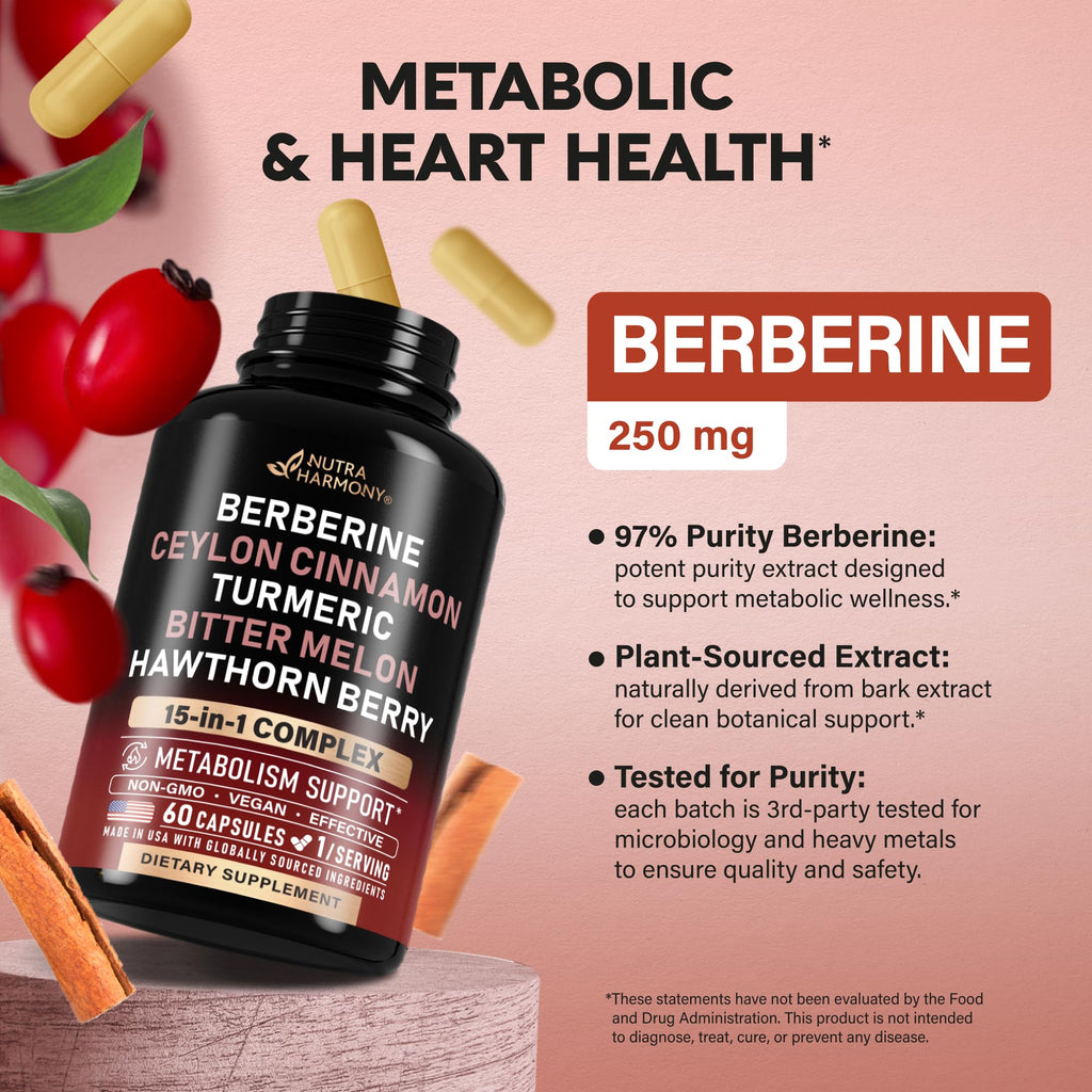 Berberine with Ceylon Cinnamon, Bitter Melon, Hawthorn & Turmeric - 60 Caps | 15in1 Supplement with ACV, Citrus Bergamot - Heart, Metabolism & Energy Support - for Men & Women - Vegan, 60-Day Supply