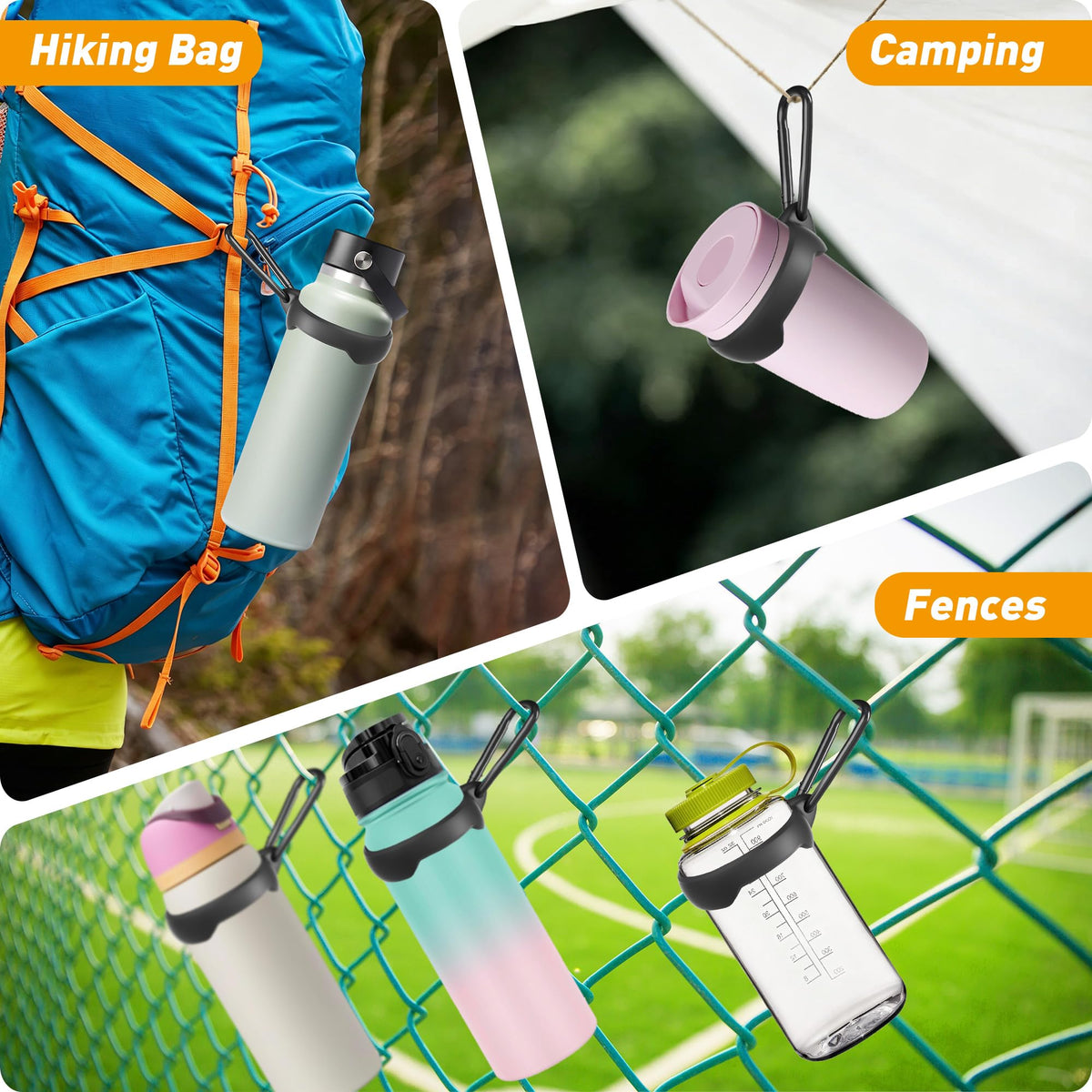 Water Bottle Carrier Hook Clip with Carabiner, 2 Pack Silicone Bottle Holder Fits 3.15-4.72 Inch Bottle Necks, Portable Hanging Hook for Outdoor Hiking Camping Travel