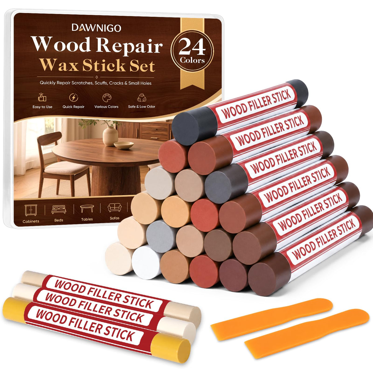 24 Colors Wood Filler Sticks, Furniture Repair Wax Crayons, Wood Floor Scratch Repair Crayon for Scratches, Scuffs, Cracks, Nail Holes & Stains on Wood Floors, Cabinets, Tables and Doors