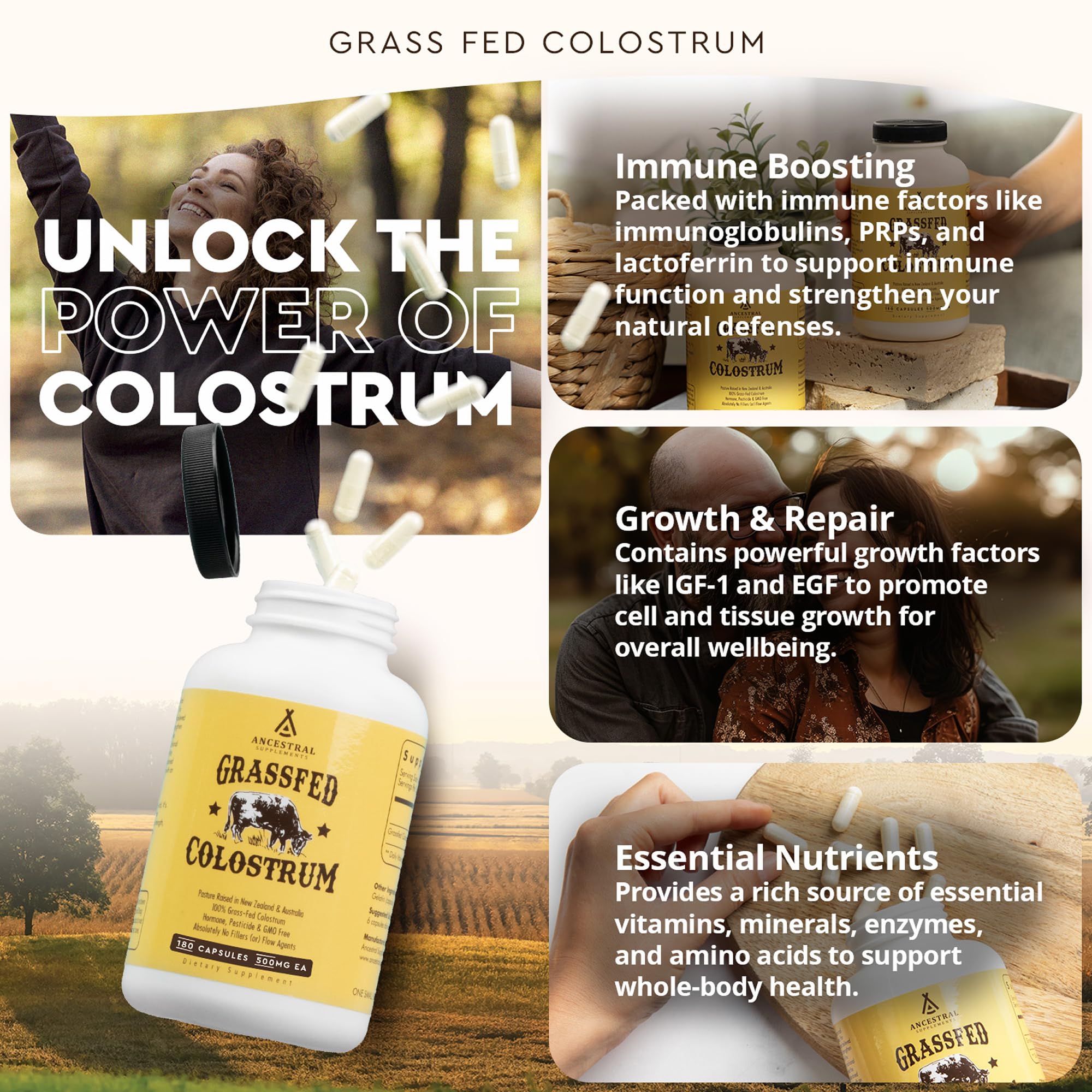 Ancestral Supplements Grass Fed Beef Colostrum Supplement, 3000mg, 180 Ct | Bovine colostrum capsules support immune health, gut health, athletic performance and healthy iron levels.