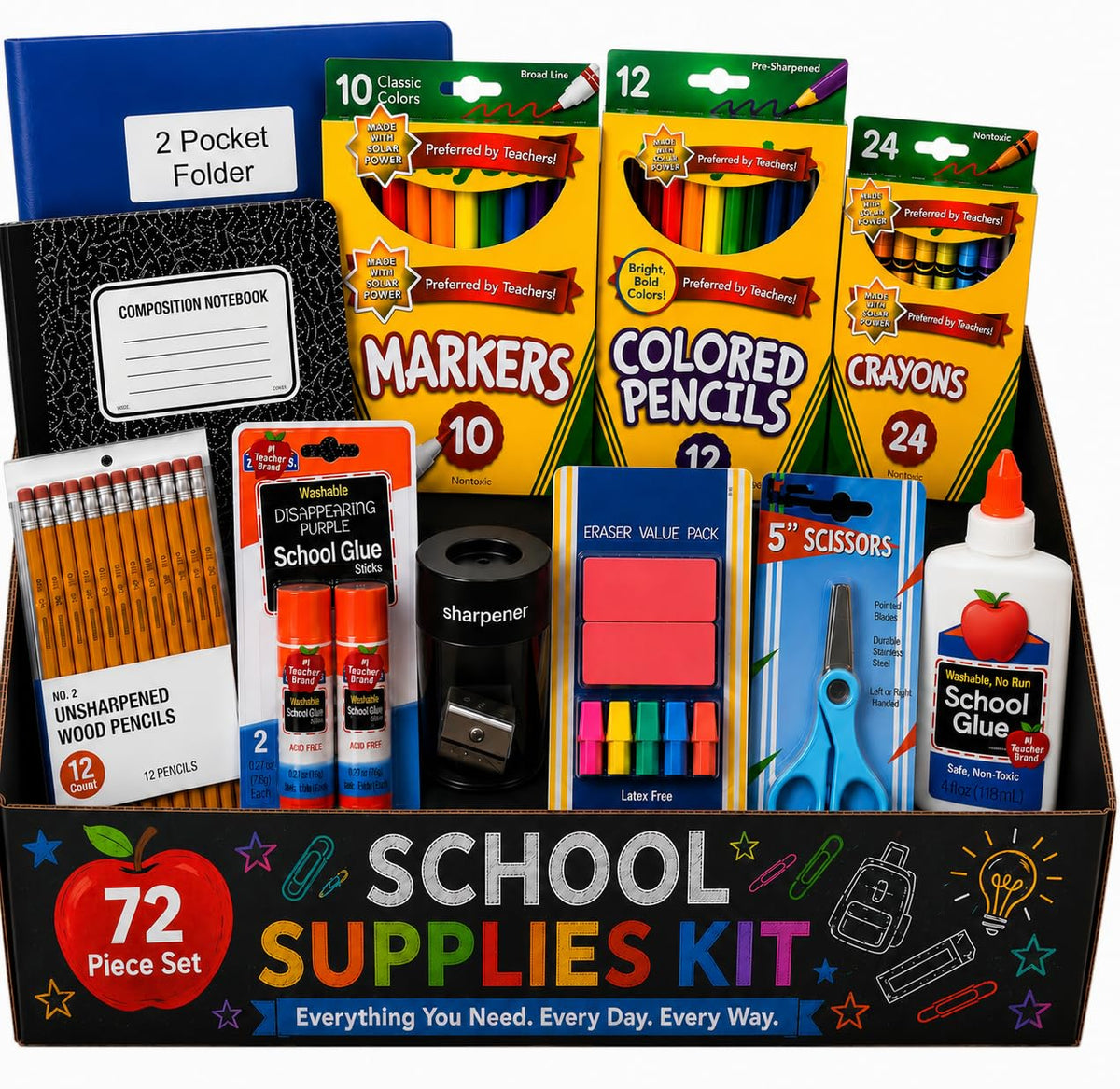 72 Piece School Supplies Set for Kids, Includes Crayons, Pencils, Notebooks, Glue and More, Back to School Supply Essentials for Elementary Girls, Boys, Student, Classroom and Office
