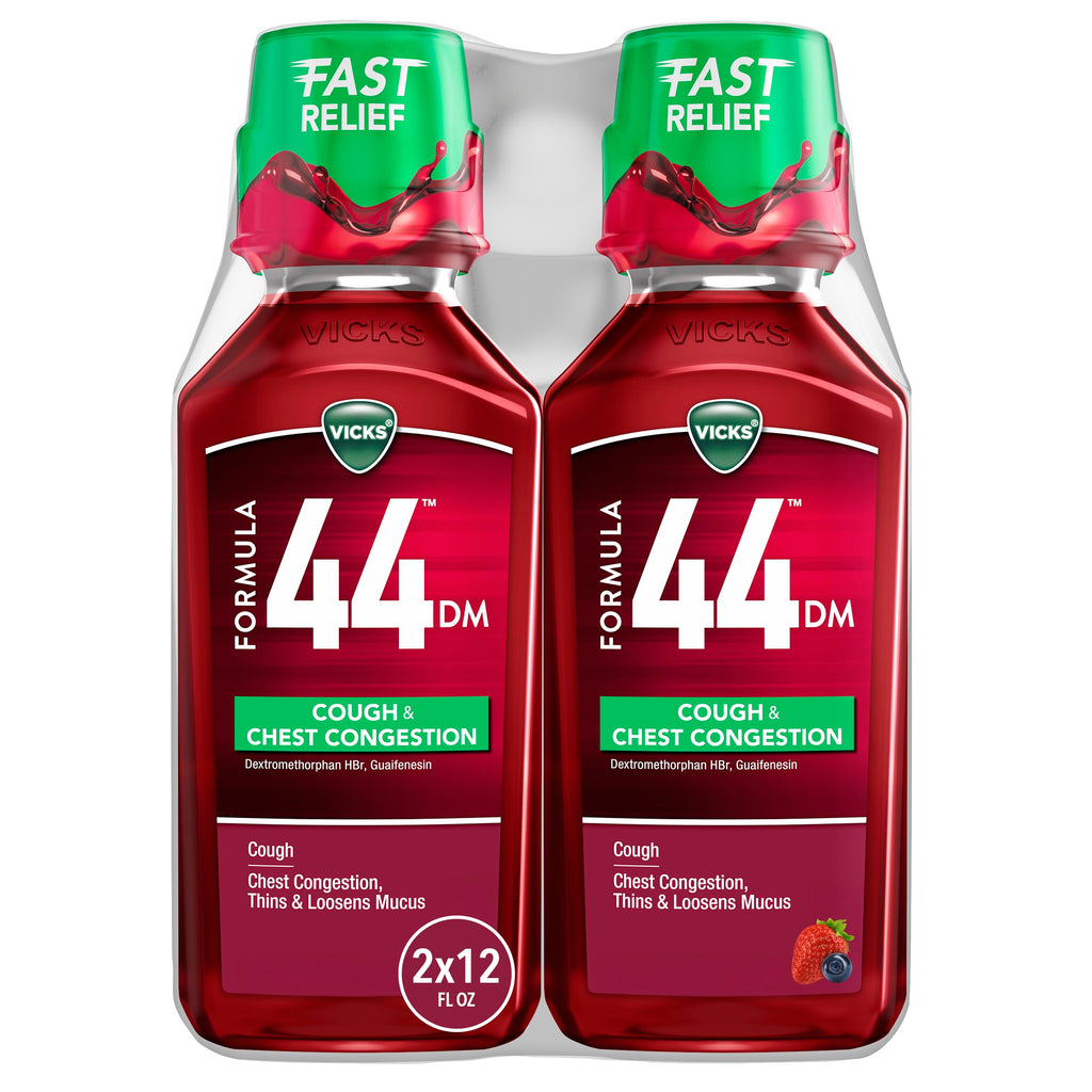 Buy now Vicks Formula 44 DM Cough & Congestion Liquid, Over-The-Counter Medicine, Day or Night, Cough Syrup, Powerful Cough and Congestion Relief, Cough Suppressant and Expectorant, Berry Flavor, 2x12 FL OZ at indiglob india