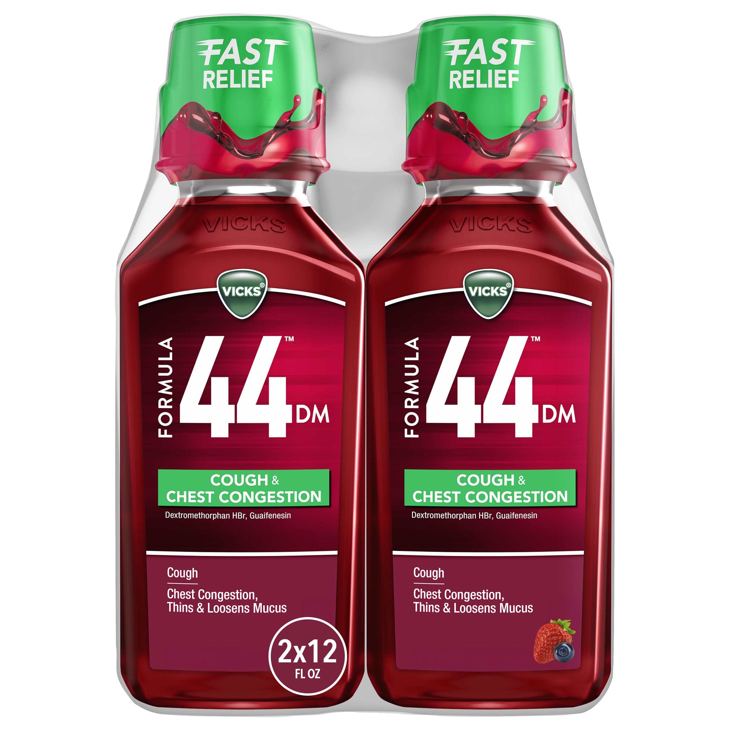 Buy now Vicks Formula 44 DM Cough & Congestion Liquid, Over-The-Counter Medicine, Day or Night, Cough Syrup, Powerful Cough and Congestion Relief, Cough Suppressant and Expectorant, Berry Flavor, 2x12 FL OZ at indiglob india