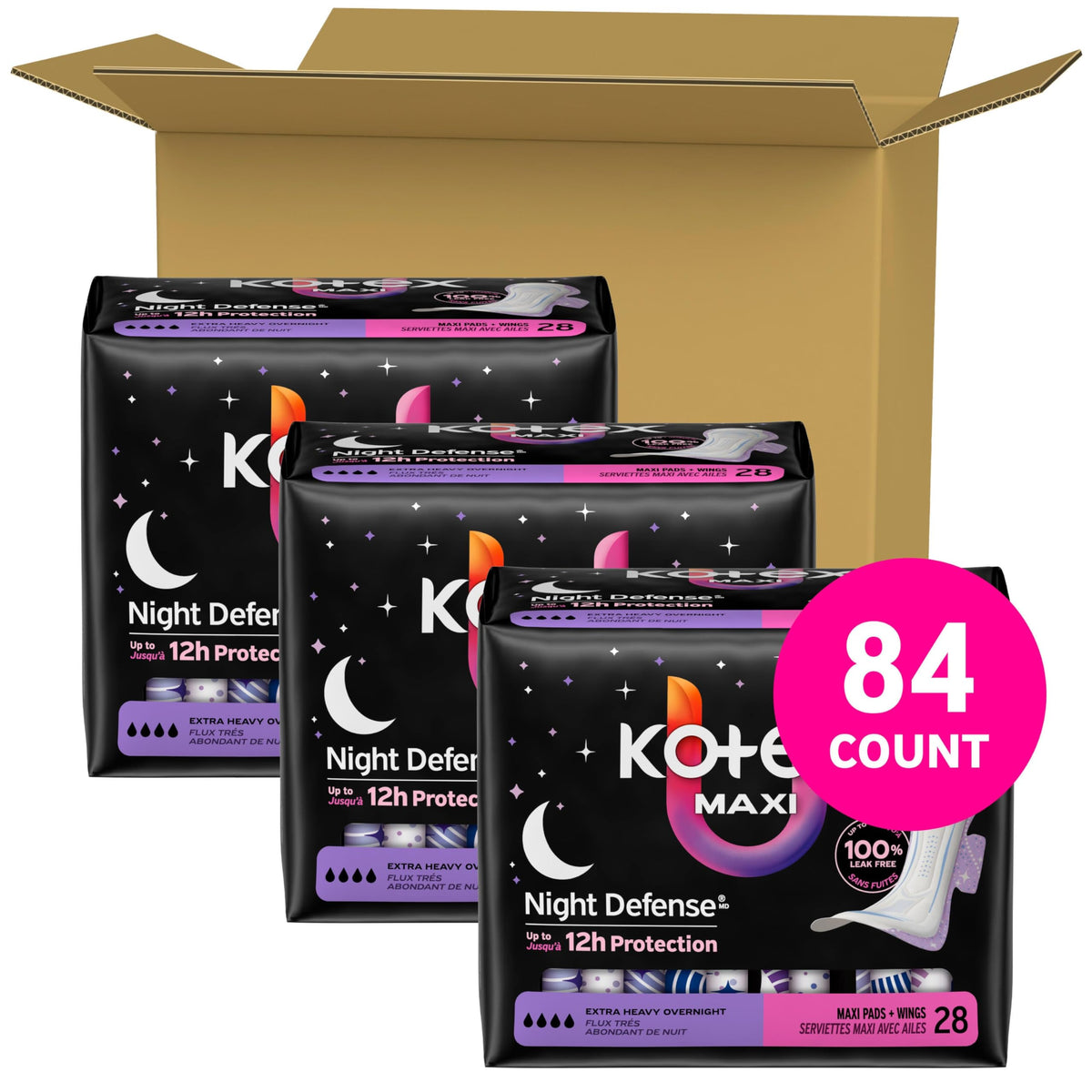 Kotex Overnight Maxi Pads, Wings, Extra Heavy, 84 Count, 3 Packs of 28