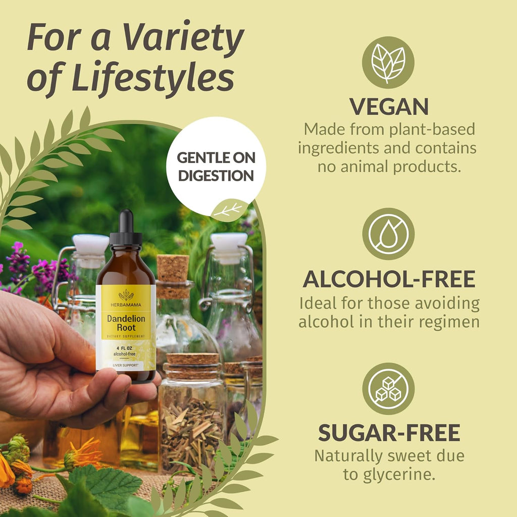 Buy now HERBAMAMA Dandelion Root Drops - Vegan Dandelion Root Extract for Liver Cleanse and Detox - Non-GMO, Alcohol & Sugar-Free Liquid Liver Support Supplement, 56-Day Supply at indiglob india