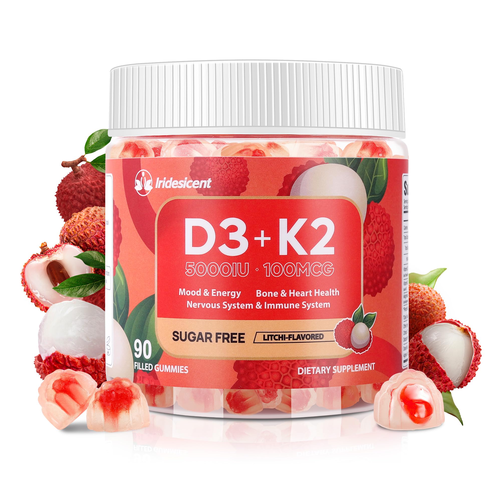 Vitamin D3 K2 Gummies, 5000 IU D3 + 100mcg K2, 90 Count | D3 K2 Supplement with MK-7, Sugar Free Vegan Gummies, Supports Bone Health for Adults, Lychee Flavor