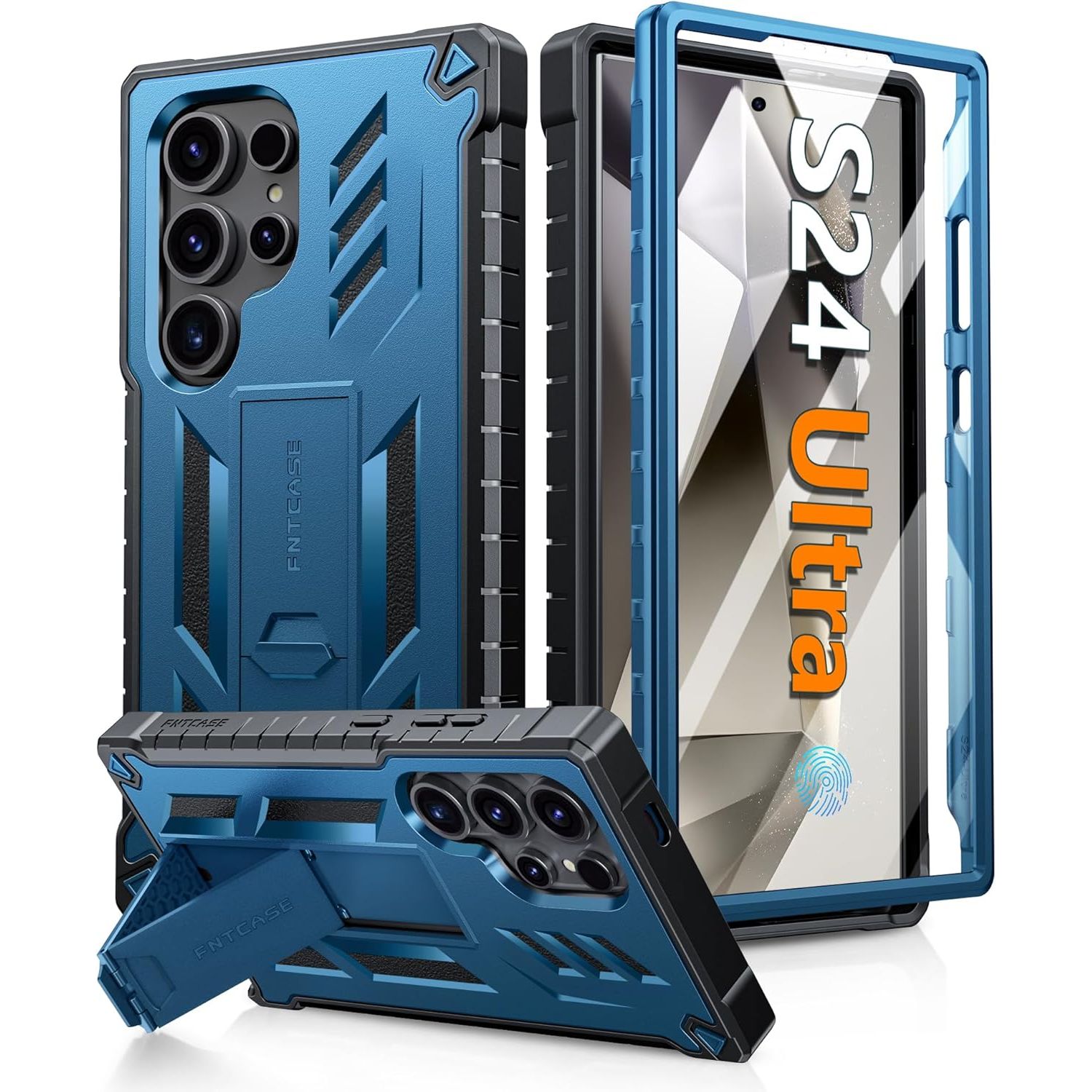 Buy now FNTCASE for Samsung Galaxy S24-Ultra Case: Military Grade Drop Proof Protection Cases with Kickstand | Shockproof Rugged Hard Phonecase Heavy Duty Matte Textured Protective Cover - 6.8 Inch Black Blue at indiglob india