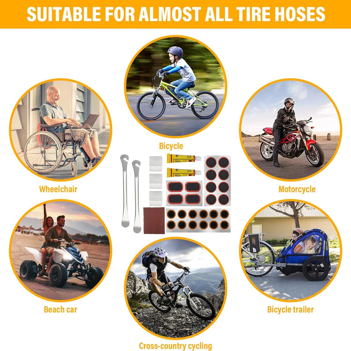 Bike Inner Tire Patch Repair Kit, with 24 PCS Vulcanizing Patches, Portable Storage Box, Metal Rasp and 2 Premium Metal Tire Levers - Also for Road Mountain Bicycle Travel
