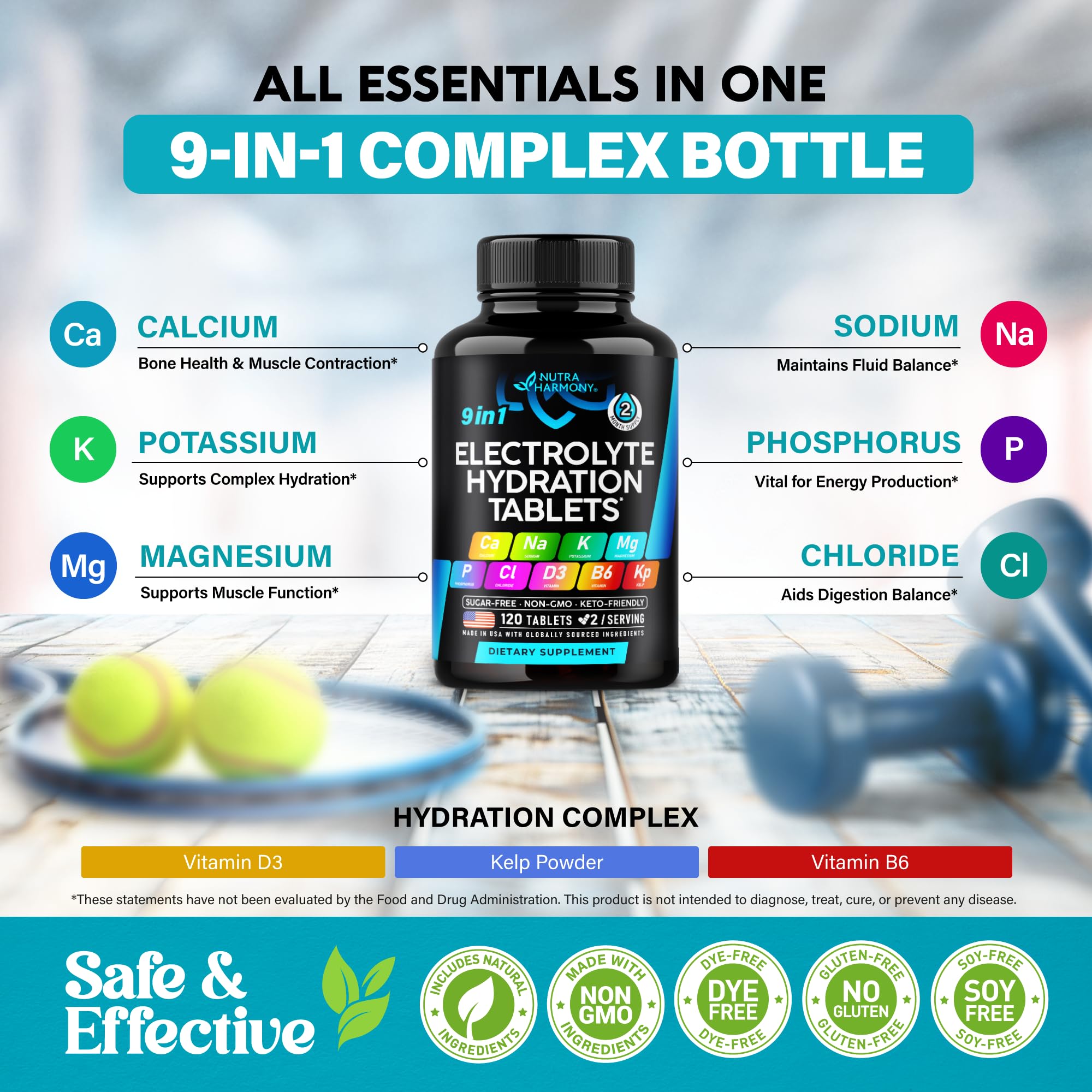 Electrolyte Tablets with Magnesium, Sodium, Potassium, Chloride - 120 Tabs | Electrolytes Salt Pills with Kelp Powder, Vitamins D3 & B6 - Vegan & Keto Friendly Oral Tablets as Capsules - Lab Tested