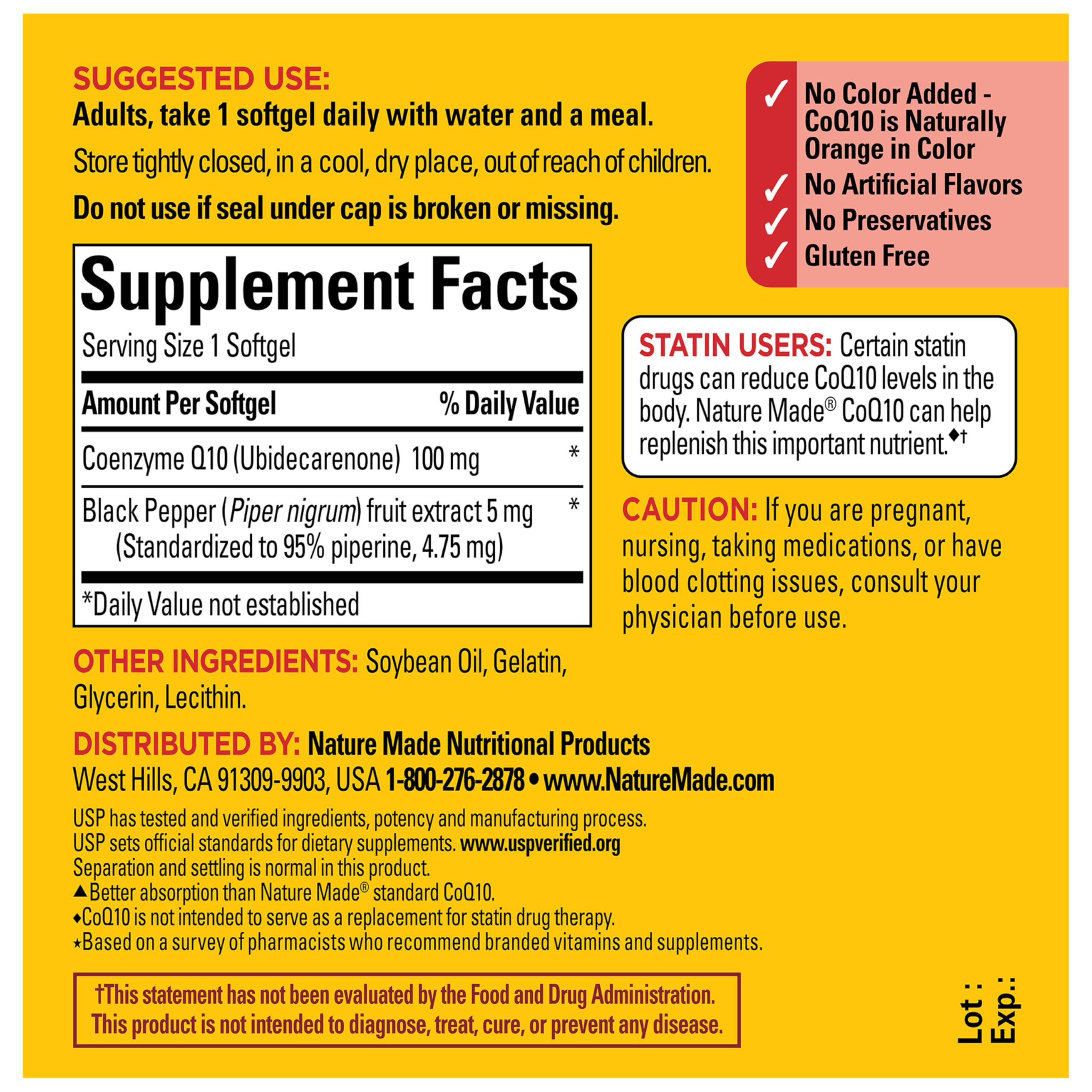 Nature Made CoQ10 100mg with Black Pepper Extract for Enhanced Nutrient Absorption, Dietary CoQ10 Supplement for Heart Health Support, 30 Softgels, 30 Day Supply