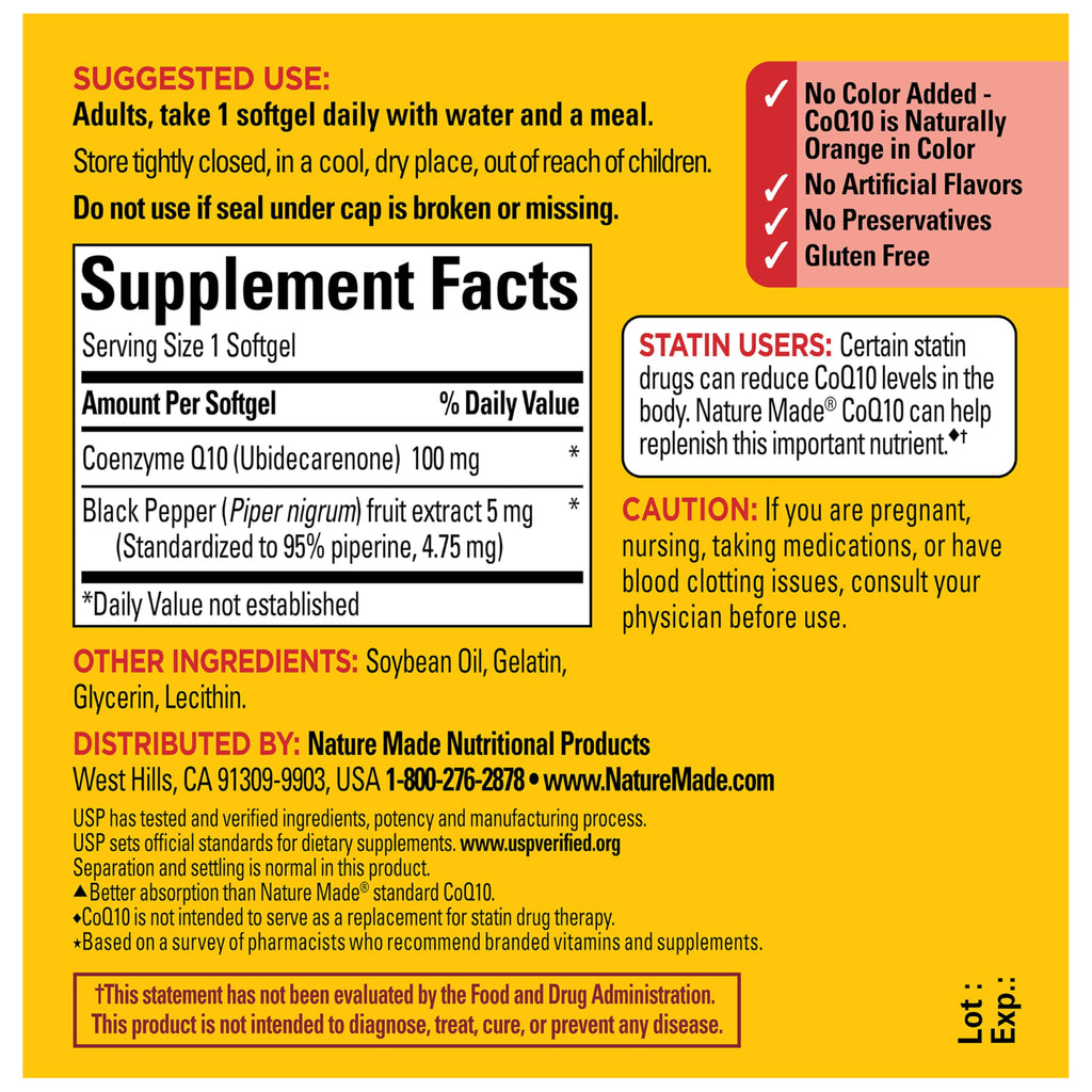 Nature Made CoQ10 100mg with Black Pepper Extract for Enhanced Nutrient Absorption, Dietary CoQ10 Supplement for Heart Health Support, 30 Softgels, 30 Day Supply