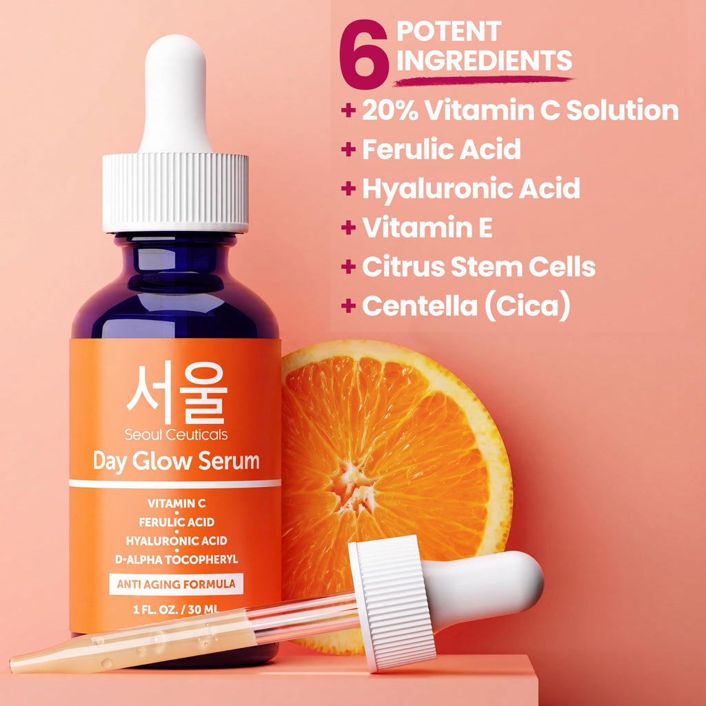 SeoulCeuticals Korean Skin Care 20% Vitamin C Serum for Face + CE Ferulic | 1oz C E Ferulic Vit C Facial Oil with Hyaluronic Acid, Vitamina E, Vegan, Cruelty Free, Anti Aging K Beauty Glow C+E Skincare