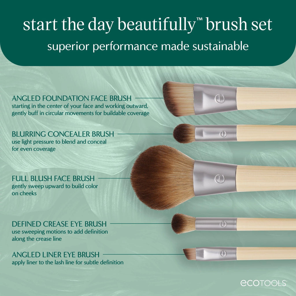 EcoTools 6 Piece Start the Day Beautifully Makeup Brush Set | Natural face and eye look, makeup brush kit for liquid cream or powder, bamboo makeup brushes, storage tin