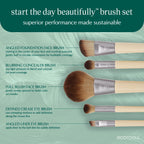 EcoTools 6 Piece Start the Day Beautifully Makeup Brush Set | Natural face and eye look, makeup brush kit for liquid cream or powder, bamboo makeup brushes, storage tin