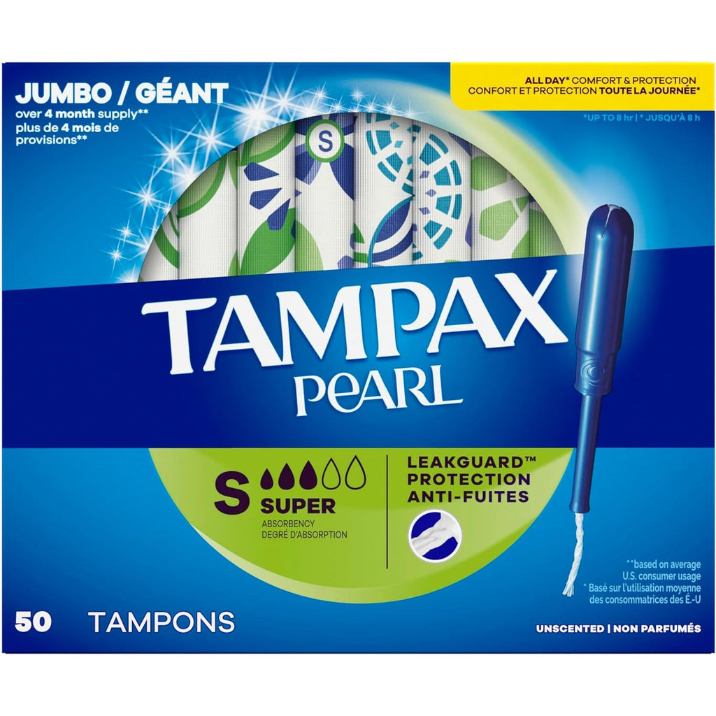 Buy now Tampax Pearl Tampons for Women, with LeakGuard Braid, Super Absorbency, Unscented, 50 Count at indiglob india