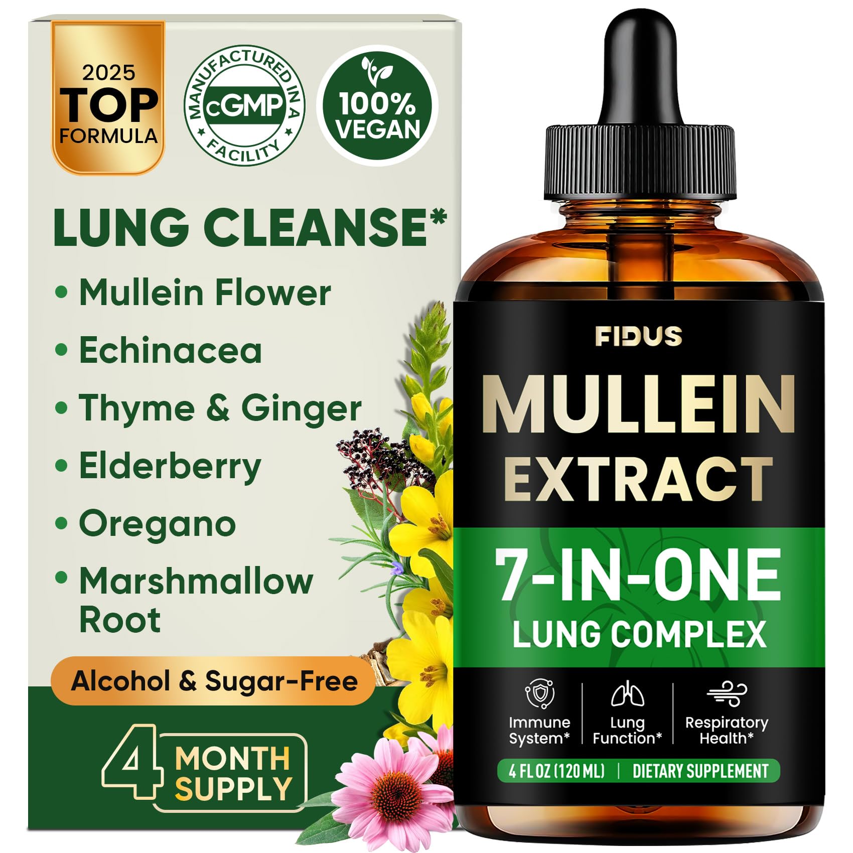Mullein Drops for Lungs, Lung Detox for Smokers,Alcohol Free - 120 Servings | Mullein Leaf Extract with Echinacea,Elderberry,Marshmallow Root for Respiratory,Immune & Lymphatic Drainage - Sugar Free