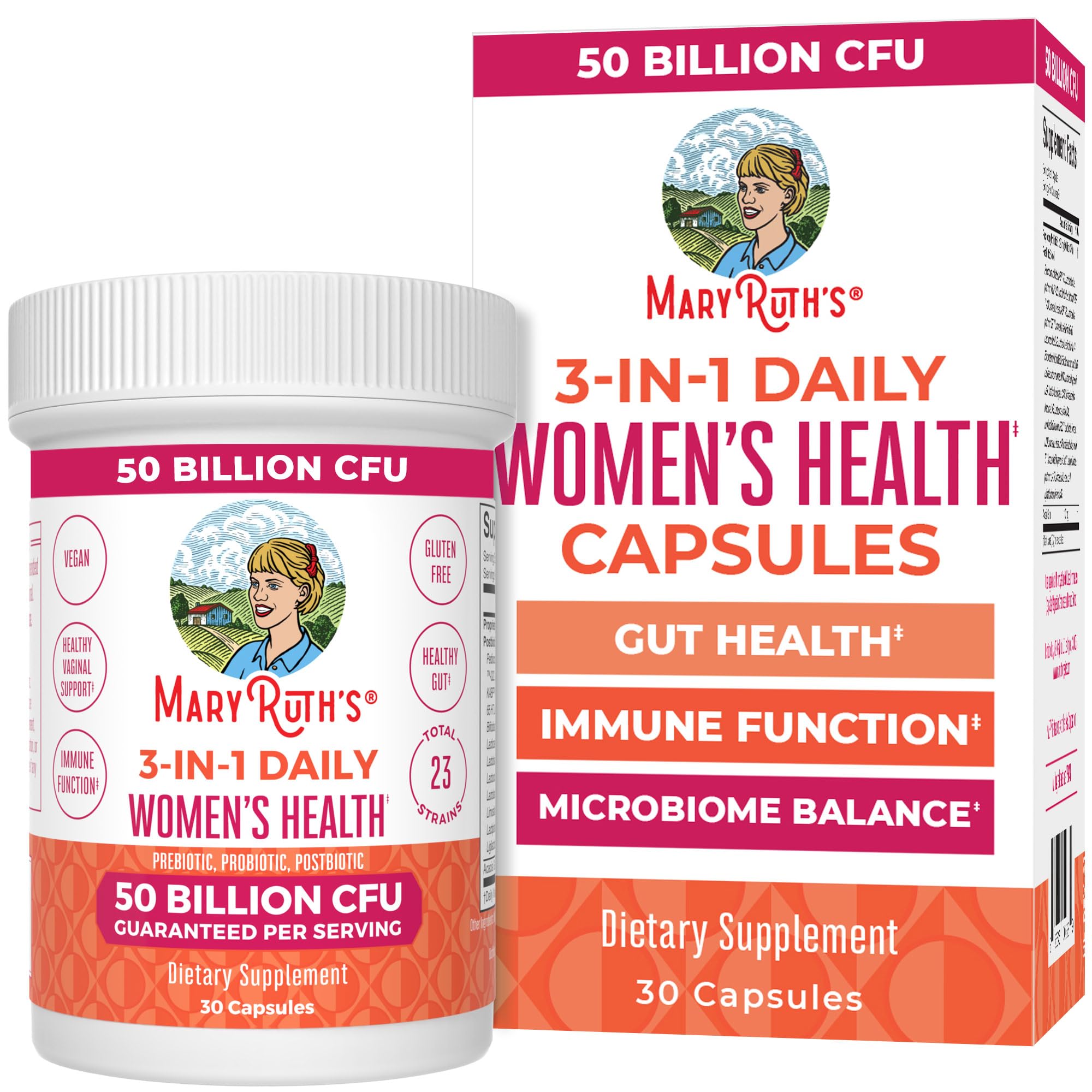 MARYRUTH'S 3-in-1 Daily Health Probiotics + Postbiotics for Women | Hormone Support & Gut Health Supplement for Women | Women’s Probiotic Supports Vaginal Health | 50 Billion CFU | Vegan | 30 ct