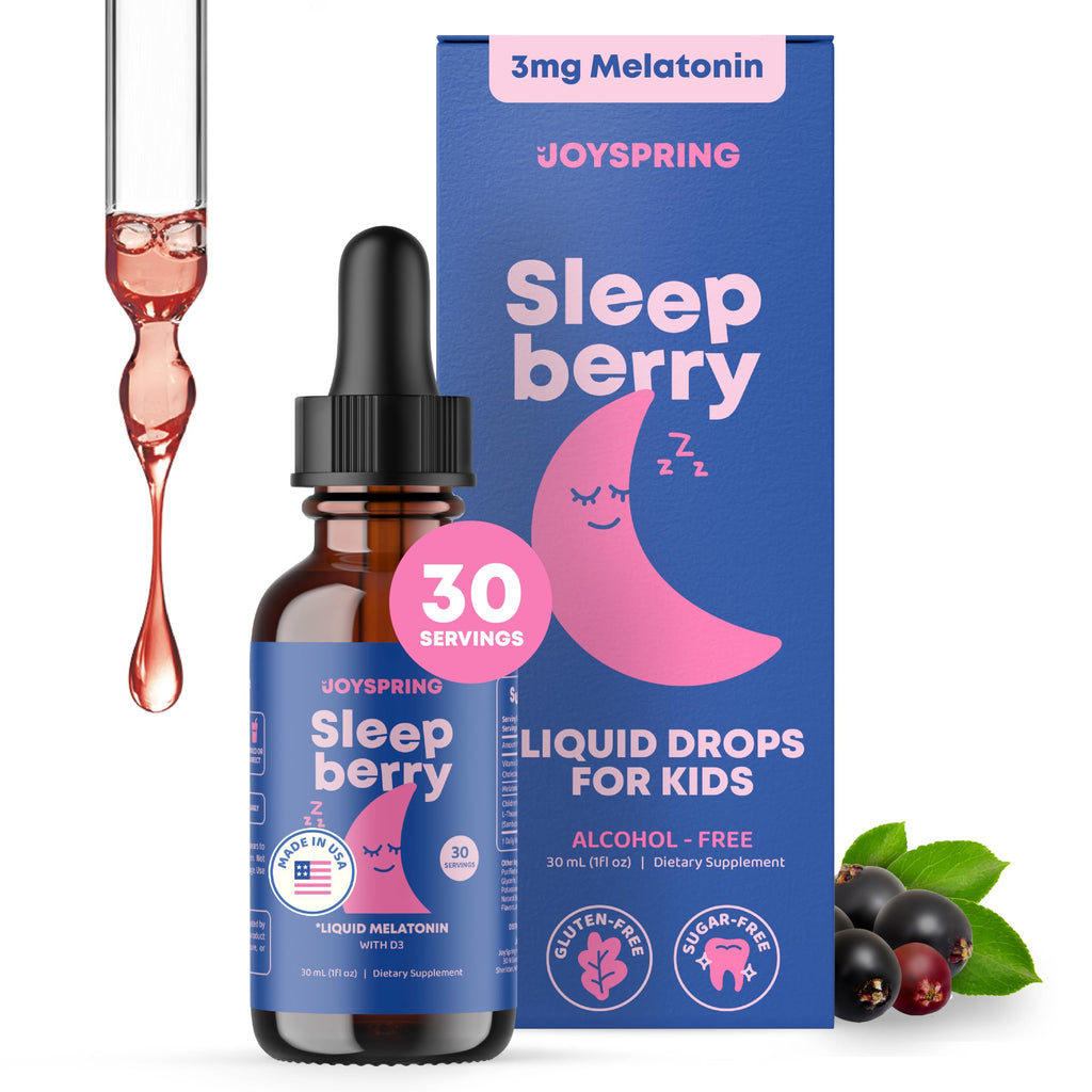 JoySpring SleepBerry Kids Melatonin 3mg Drops, Berry, 1 fl oz, 30 Ct | With L-theanine and Vitamin D plus soothing botanicals, supports calm, restful nights, non-habit forming, sugar-free