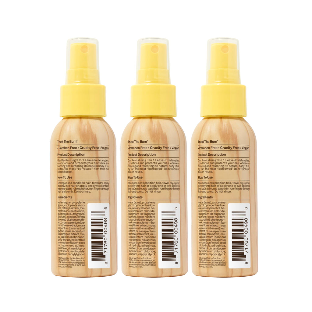 Sun Bum Revitalizing Leave In Conditioner Detangler Spray - 1.5 oz (3-Pack) | Anti Frizz, Color Friendly, UV Protecting, Enriched with Coconut Oil and Banana, Vegan, Travel Friendly