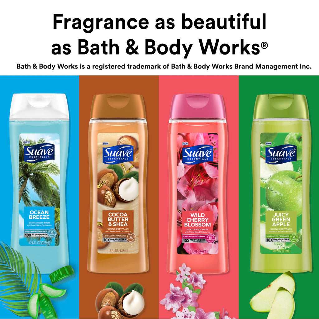 Suave Moisturizing Body Wash, Cocoa Butter and Shea with Vitamin E Extract, No Parabens, No Phtahaltes, 18 Oz (Pack of 12)