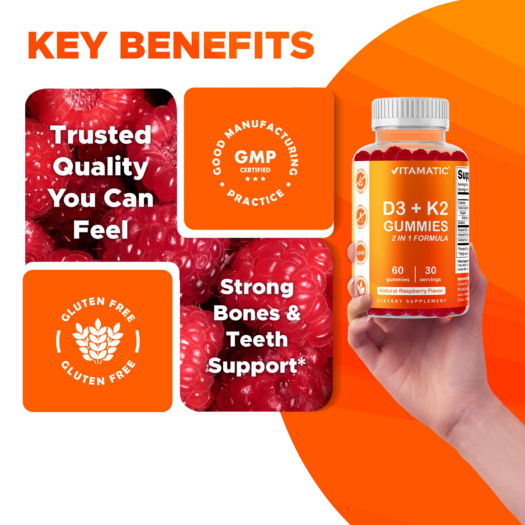 Vitamatic Vitamin D3 + K2 Gummies 60 Count | D-3 5000 IU + Vitamin K 140mcg for Bone Heart & Immune Support, Pectin-Based, Non-GMO, Gluten-Free