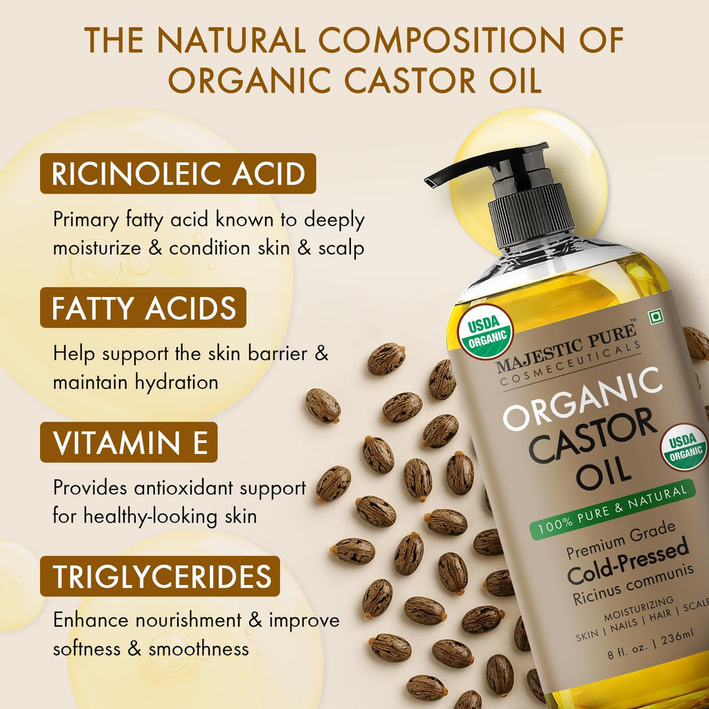 Majestic Pure USDA Organic Castor Oil, 100% Pure & Natural Body Oil -8 FlOz | Cold Pressed & Hexane Free Hair Growth Oil for Eyelashes, Eyebrows, Skin, Body, Face, Nails & Scalp
