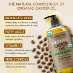 Majestic Pure USDA Organic Castor Oil, 100% Pure & Natural Body Oil -8 FlOz | Cold Pressed & Hexane Free Hair Growth Oil for Eyelashes, Eyebrows, Skin, Body, Face, Nails & Scalp