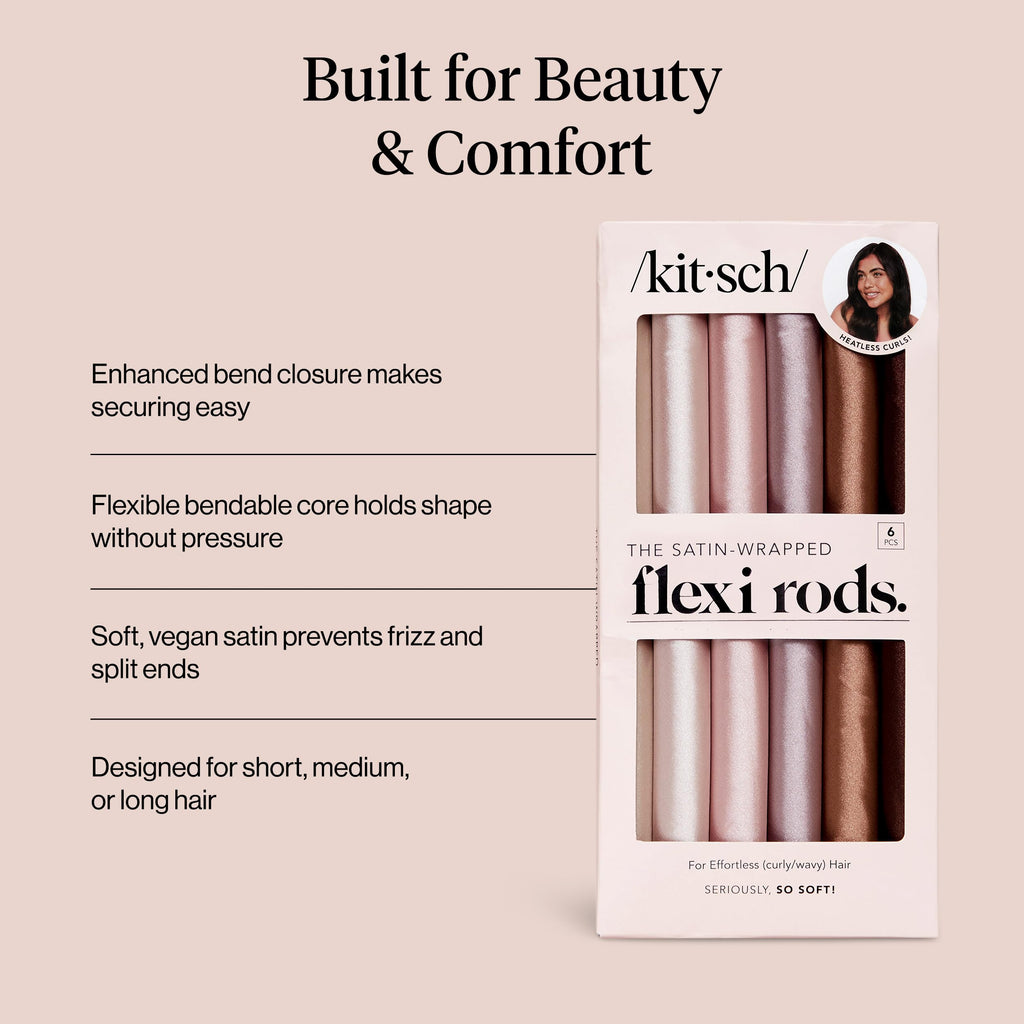 Kitsch Satin Flexi Rods Heatless Curling Rod - 6 pcs, Rosewood | Flexi Rod for Heatless Curl Overnight for Women, Comfortable Hair Curlers to Sleep In for Frizz-Free, No Heat Damage Styling