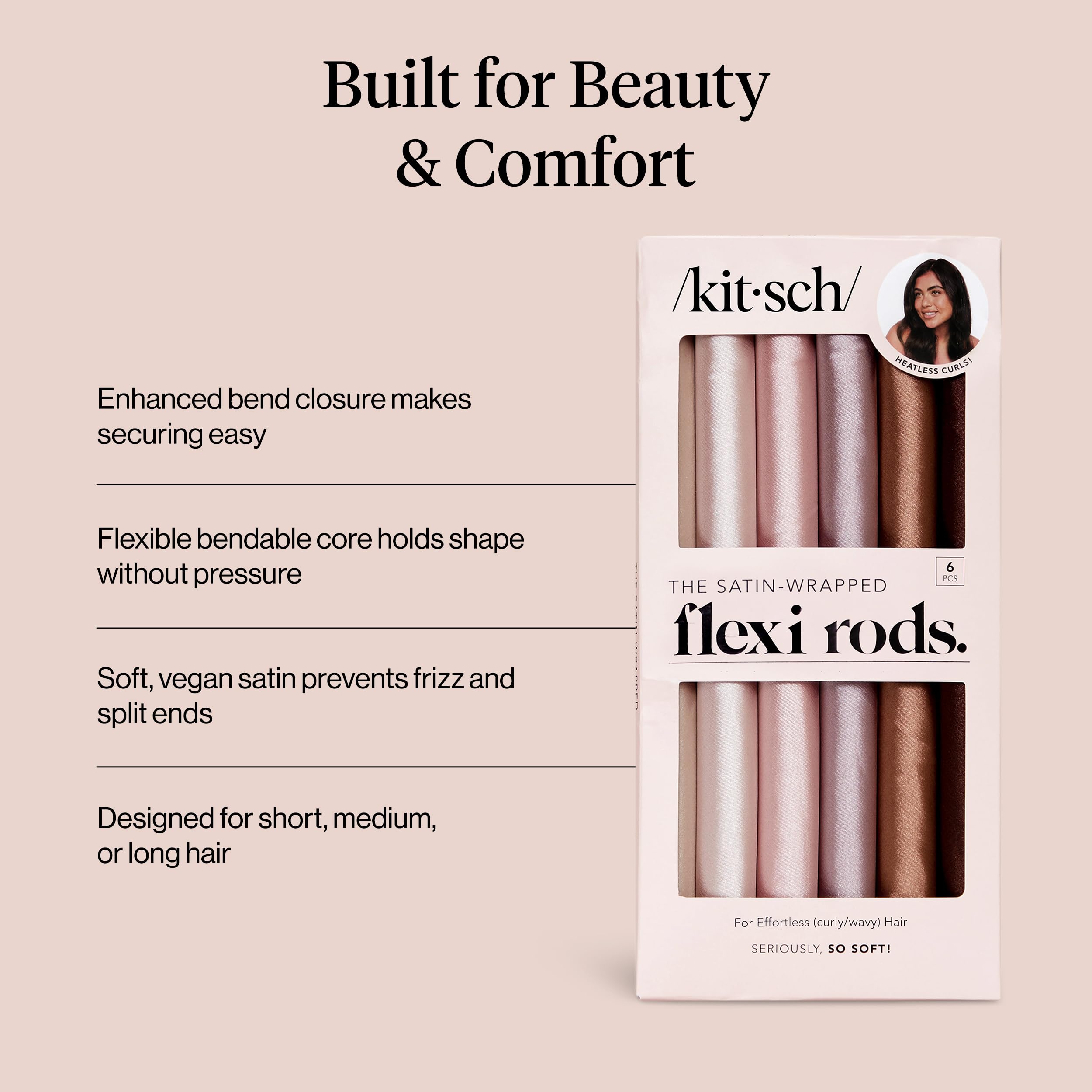 Kitsch Satin Flexi Rods Heatless Curling Rod - 6 pcs, Rosewood | Flexi Rod for Heatless Curl Overnight for Women, Comfortable Hair Curlers to Sleep In for Frizz-Free, No Heat Damage Styling
