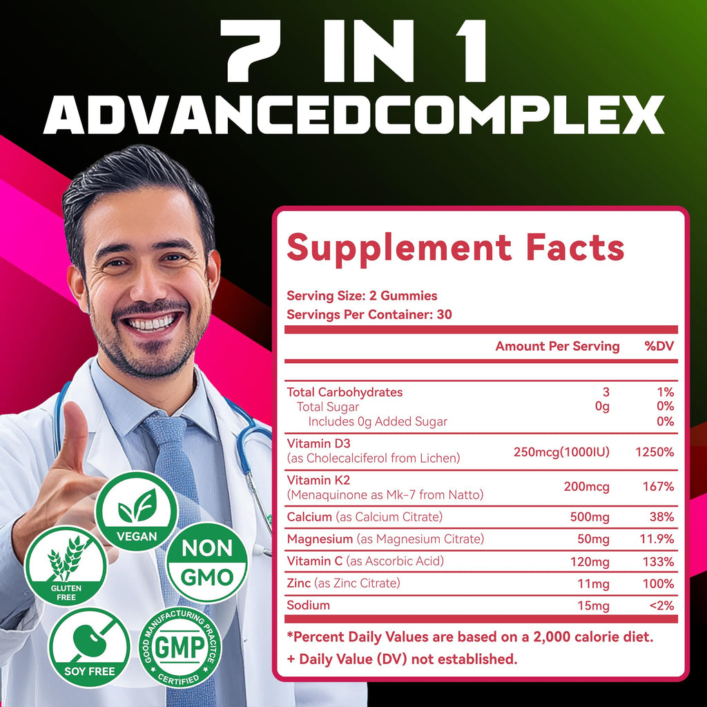 Natures aid Sugar-Free Vitamin D3 K2 Gummies with Calcium + K2 (MK-7), Magnesium Citrate, Vitamin C, Extra Strength - Ultimate Absorption for Bone Muscle Teeth Immune, Vegan - 120 Gummies