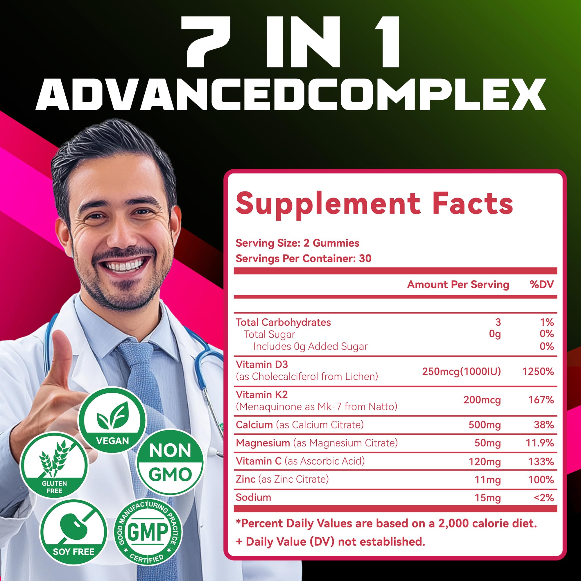 Natures aid Sugar-Free Vitamin D3 K2 Gummies with Calcium + K2 (MK-7), Magnesium Citrate, Vitamin C, Extra Strength - Ultimate Absorption for Bone Muscle Teeth Immune, Vegan - 120 Gummies