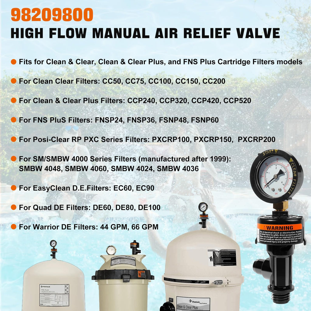 98209800 Manual Air Relief Valve Assembly with Pool Filter Pressure Gauge, Spa Pool Filter Pressure Valve Compatible with Pentair Air Relief Valve Fit for FNS, Clean and Clear, Quad De, 4000 Series