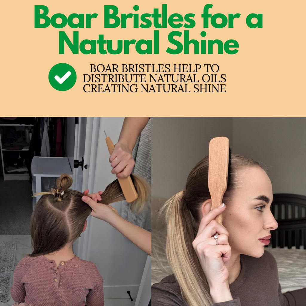 GranNaturals Smoothing & Styling Middle Part Boar Bristle Slick Back Hair Brush w/ Narrow Metal Rat Tail End for Sectioning and Parting Sleek Ponytail Bun - Teasing, Backcombing, Edge Control