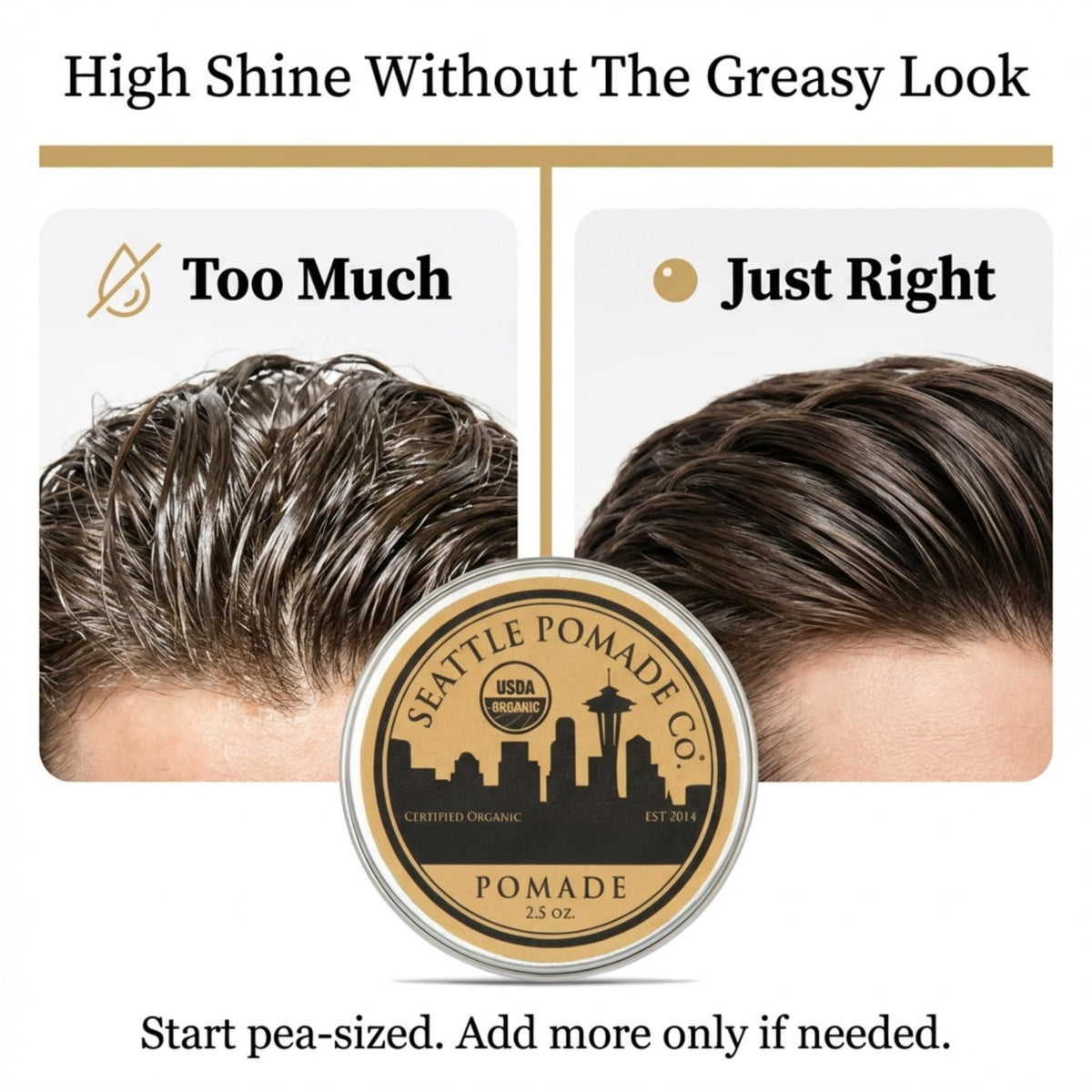 Seattle Pomade Co. USDA Certified Organic Pomade. Medium Hold & High Shine, Hair Styling Formula Non GMO, Made with organic materials from around the world.