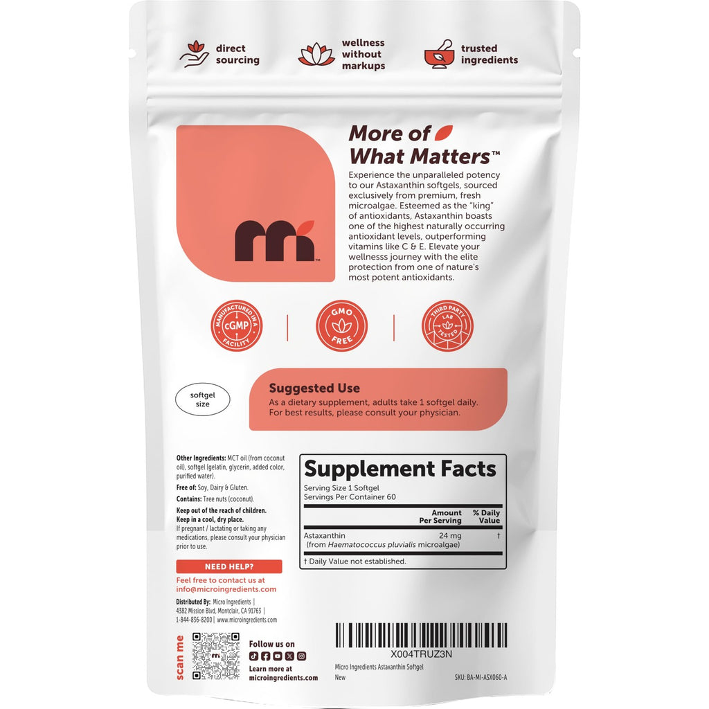 Micro Ingredients Astaxanthin 24mg Per Serving with MCT Oil, 60 Softgels | 2 Month Supply. Natural Microalgae Sourced Astaxanthin Supplement. Easy-to-Swallow. Non-GMO, Gluten Free, Soy Free.