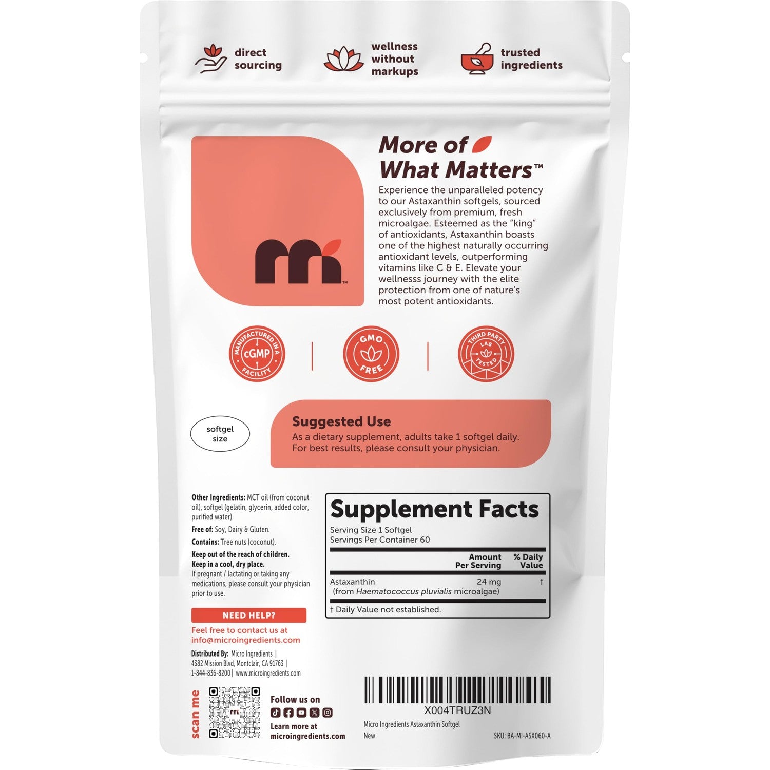 Micro Ingredients Astaxanthin 24mg Per Serving with MCT Oil, 60 Softgels | 2 Month Supply. Natural Microalgae Sourced Astaxanthin Supplement. Easy-to-Swallow. Non-GMO, Gluten Free, Soy Free.