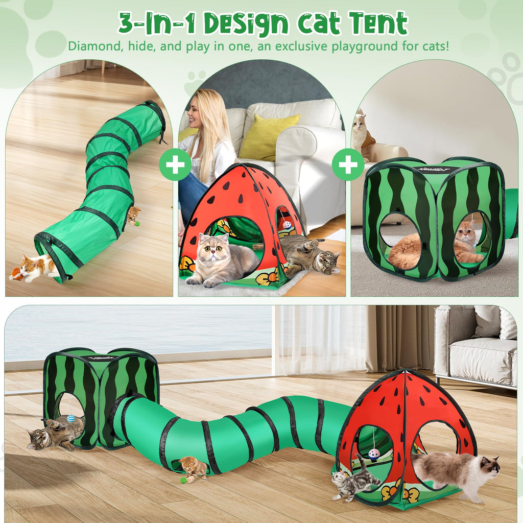 Tailtastic 3-in-1 Watermelon Cat Tunnel with Cube, Tent & Ball for Indoor