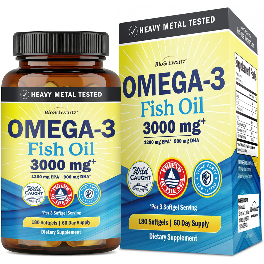 Triple Strength Omega 3 Fish Oil 3000mg for Women and Men, 180 Softgels | High Potency Omega 3 Supplement, Burpless Lemon Flavor Fish Oil - 2250mg Essential Fatty Acids with DHA & EPA, Wild Caught