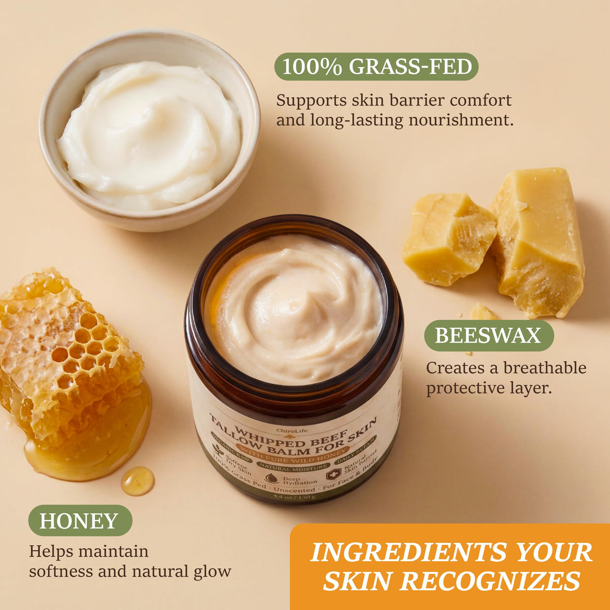 Grass-Fed Beef Tallow for Skin, Whipped Tallow and Honey Balm, 4.4 oz