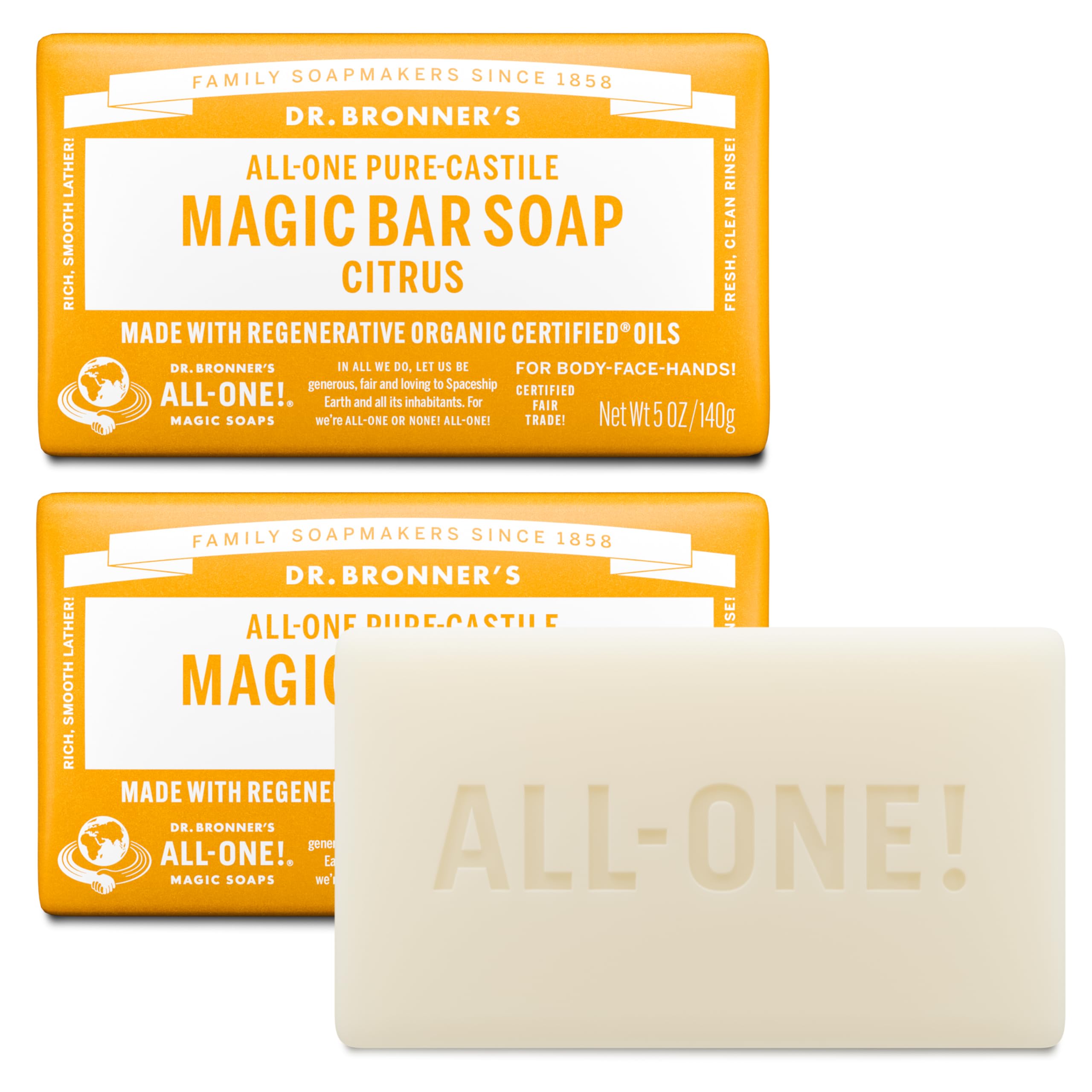 Dr. Bronner's Pure-Castile Magic Soap Bar (Citrus, 5 oz, 6-Pack)- Bath Soap with Regenerative Organic Certified Oils - For Face, Body & Hair - Gentle, Vegan - Bars for Men & Women