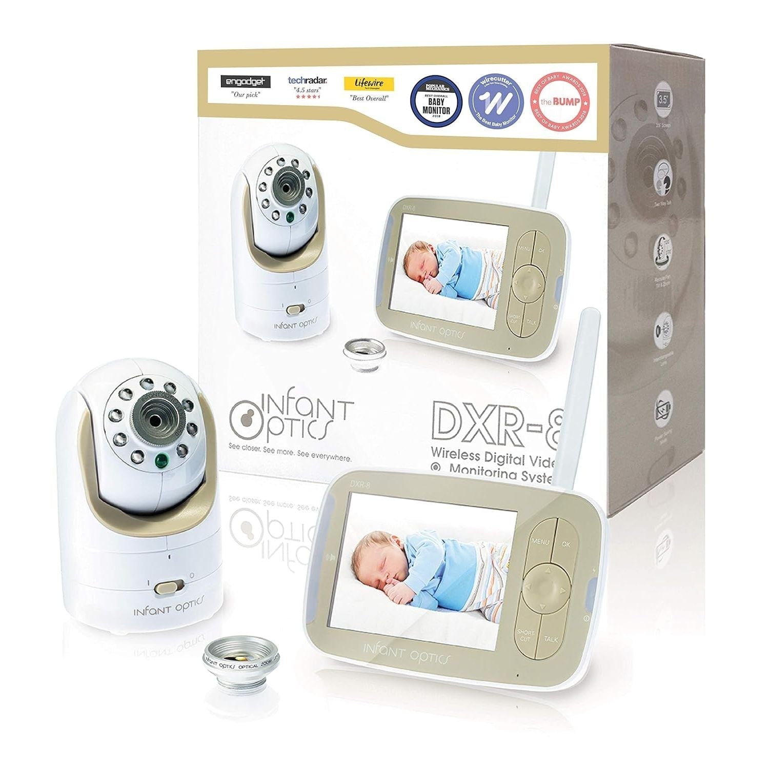 Buy now Infant Optics DXR-8 480p Video Baby Monitor, Non-WiFi Hack-Proof FHSS Connection, Interchangeable Lenses, Pan Tilt Zoom, LED Sound Bar, Night Vision, and Two-way Talk, low battery at indiglob india
