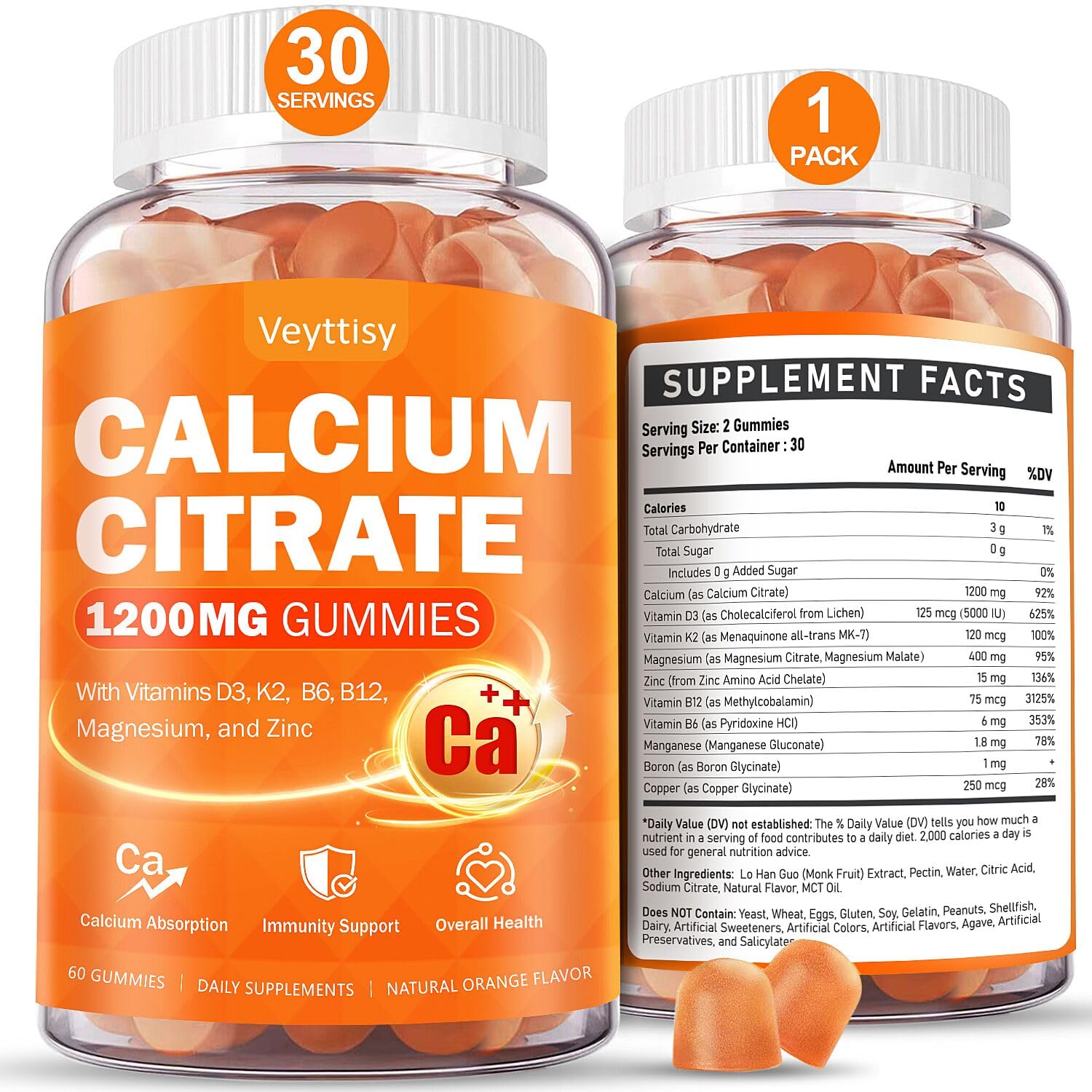 Calcium 1200 mg with Vitamin D3 for Adults - Calcium Supplement Gummies | with 5000iu Vitamin D3, K2, B6, B12, Magnesium & Zinc for Women Men - Easy to Digest, Vegan, Sugar Free, 120 Gummeis