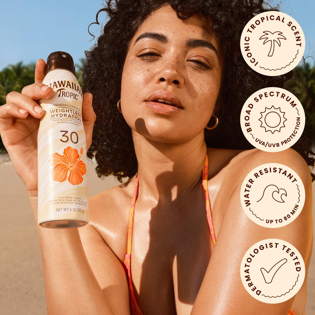 Hawaiian Tropic Weightless Hydration SPF 30 Sunscreen Spray, 6 Oz (2 Pack) | Clear body sunscreen, Lightweight texture, Water resistant sunblock, Continuous spray application, 12 hour hydration