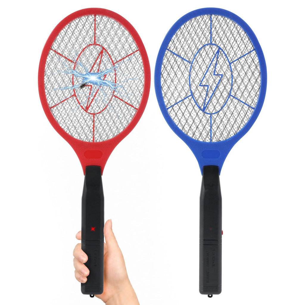 Electric Fly Swatter 2 Pack (Red & Blue), Battery Powered Bug Zapper Racket for Mosquitoes & Flies, Safe Protective Mesh, Indoor & Outdoor Use, Batteries Not Included