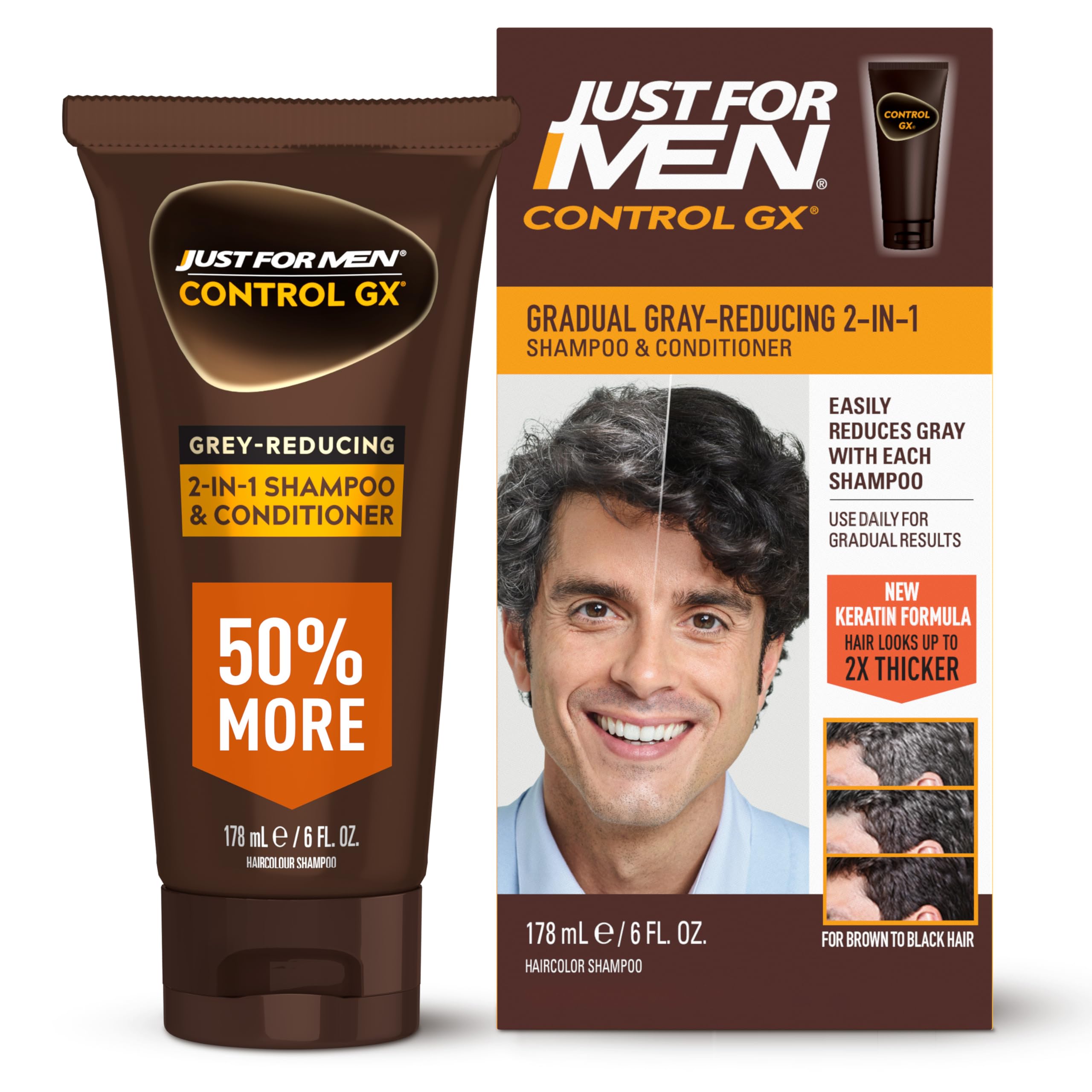 Just for Men Control GX 2-in-1 Shampoo & Conditioner, 6 Fl Oz (1 Pack) | Control GX 2-in-1 cleanses, conditions, and gradually reduces grays. Keratin strengthens and thickens hair.