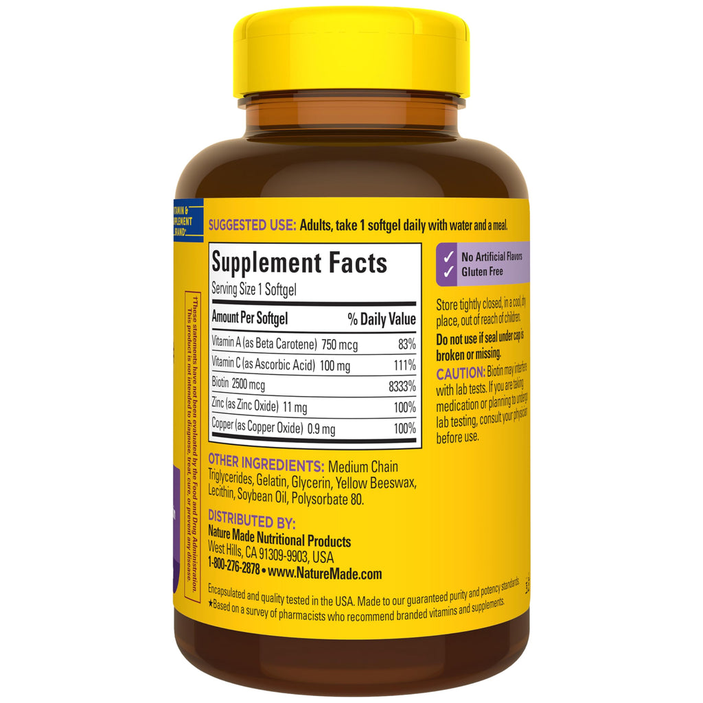 Nature Made Hair Skin and Nails with Biotin 2500 mcg, 120 Softgels | Dietary Supplement For Healthy Hair Skin and Nails Support, Vitamin C and Vitamin A Help Support Healthy Skin, 120 Day Supply