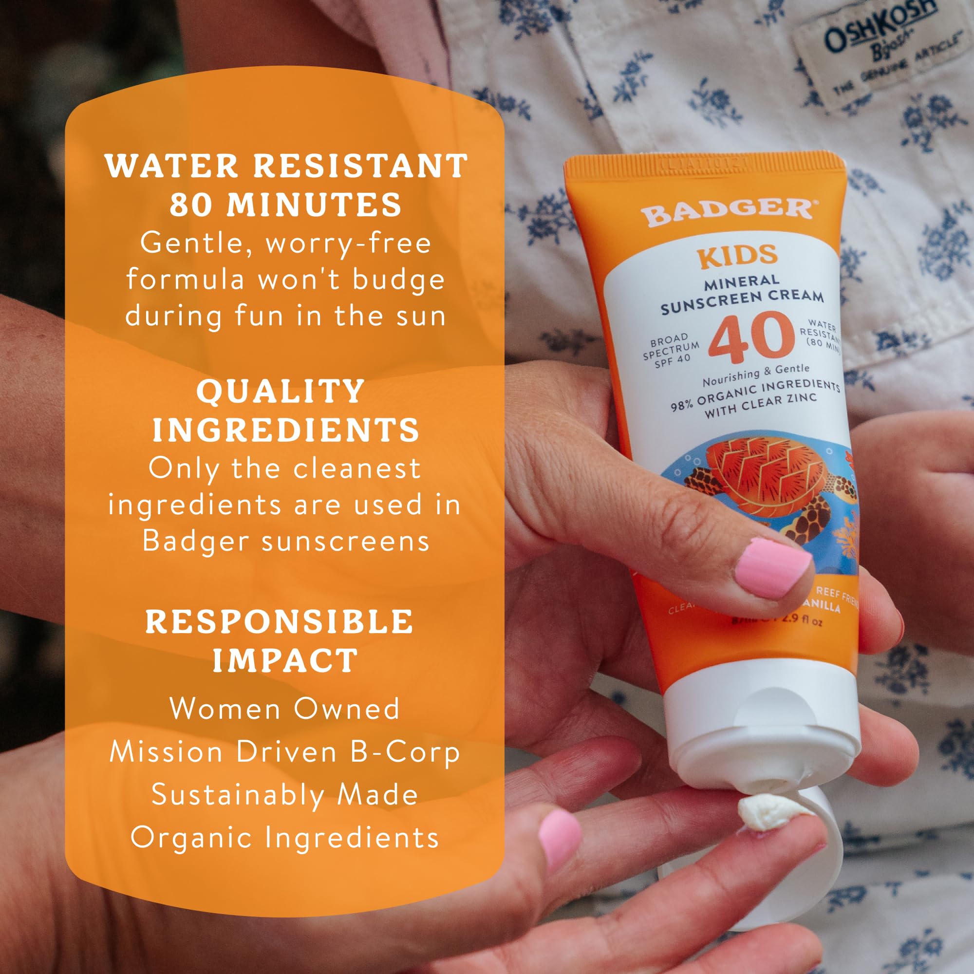 Badger Kids Mineral Sunscreen Cream SPF 40, 98% Organic Ingredients, Zinc Oxide Sunscreen for Kids Face & Body, Water Resistant, Reef Friendly, Hawaii Approved Broad Spectrum Sunblock, 2.9 fl oz